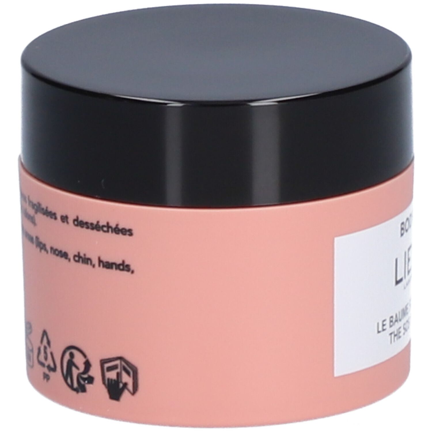 Roze pot met zwarte deksel. Label met tekst: Lierac, Body-Nutri, Le Baume SOS Réparateur. Tekst op achterkant.