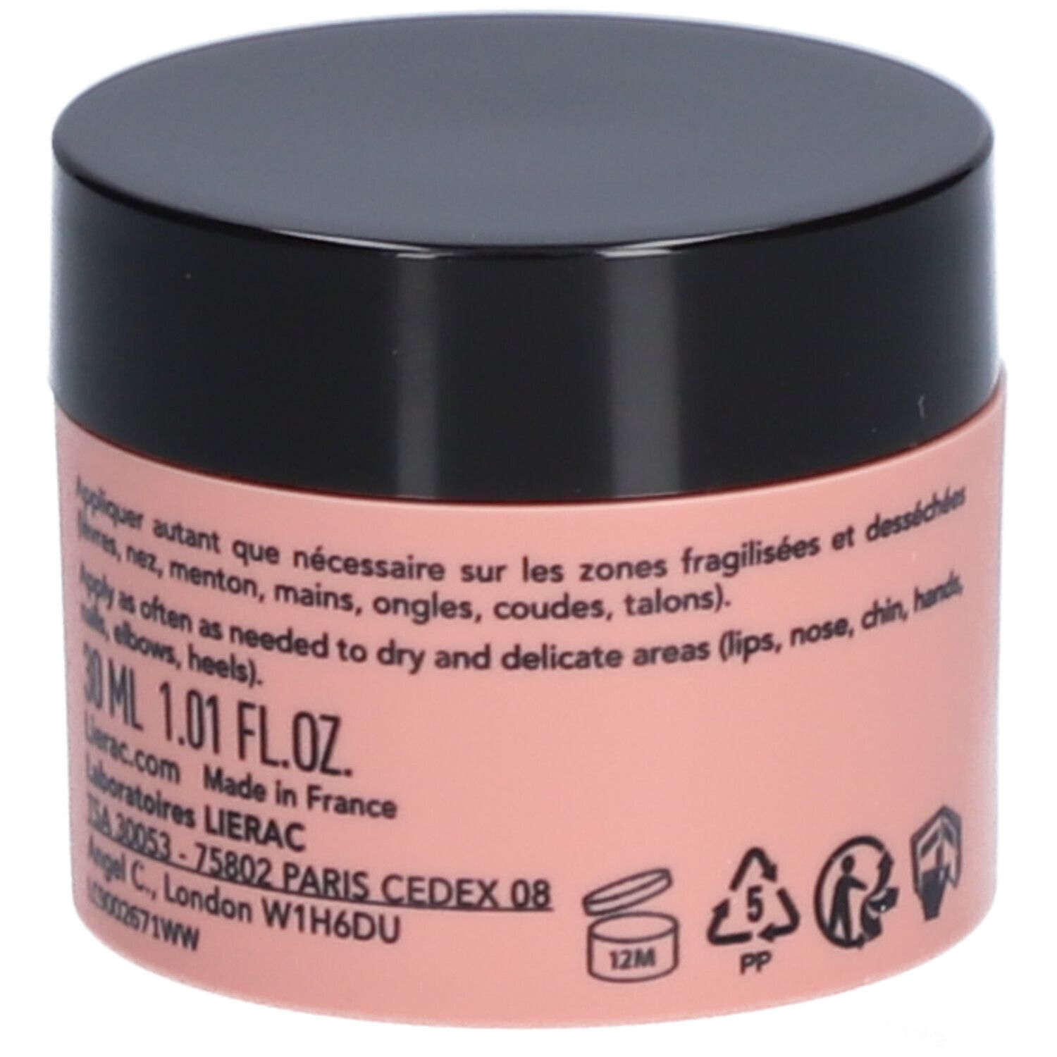 Roze pot met zwarte deksel. Label met tekst: Lierac, Body-Nutri, Le Baume SOS Réparateur. Tekst en symbolen.