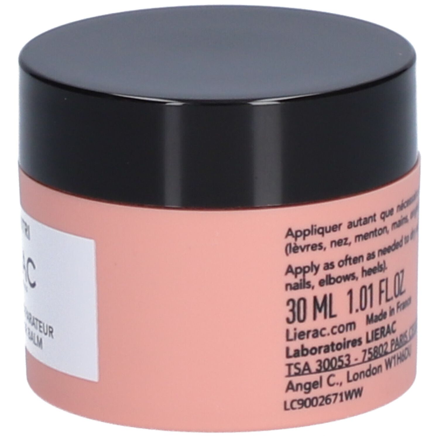 Roze pot met zwarte deksel. Label met tekst: Lierac, Body-Nutri, Le Baume SOS Réparateur. Tekst en symbolen.