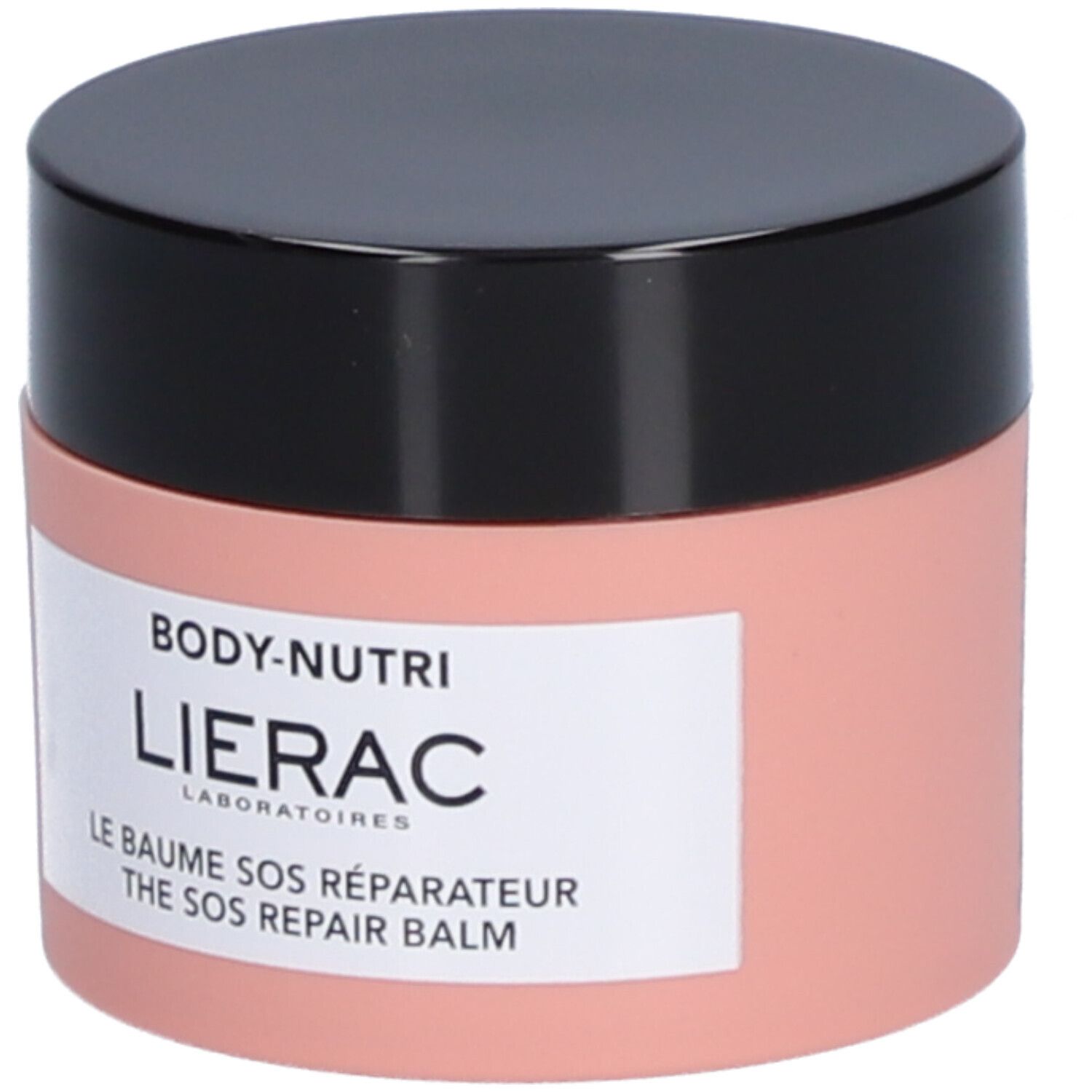 Roze pot met zwarte deksel. Label met tekst: Lierac, Body-Nutri, Le Baume SOS Réparateur. Tekst en symbolen.