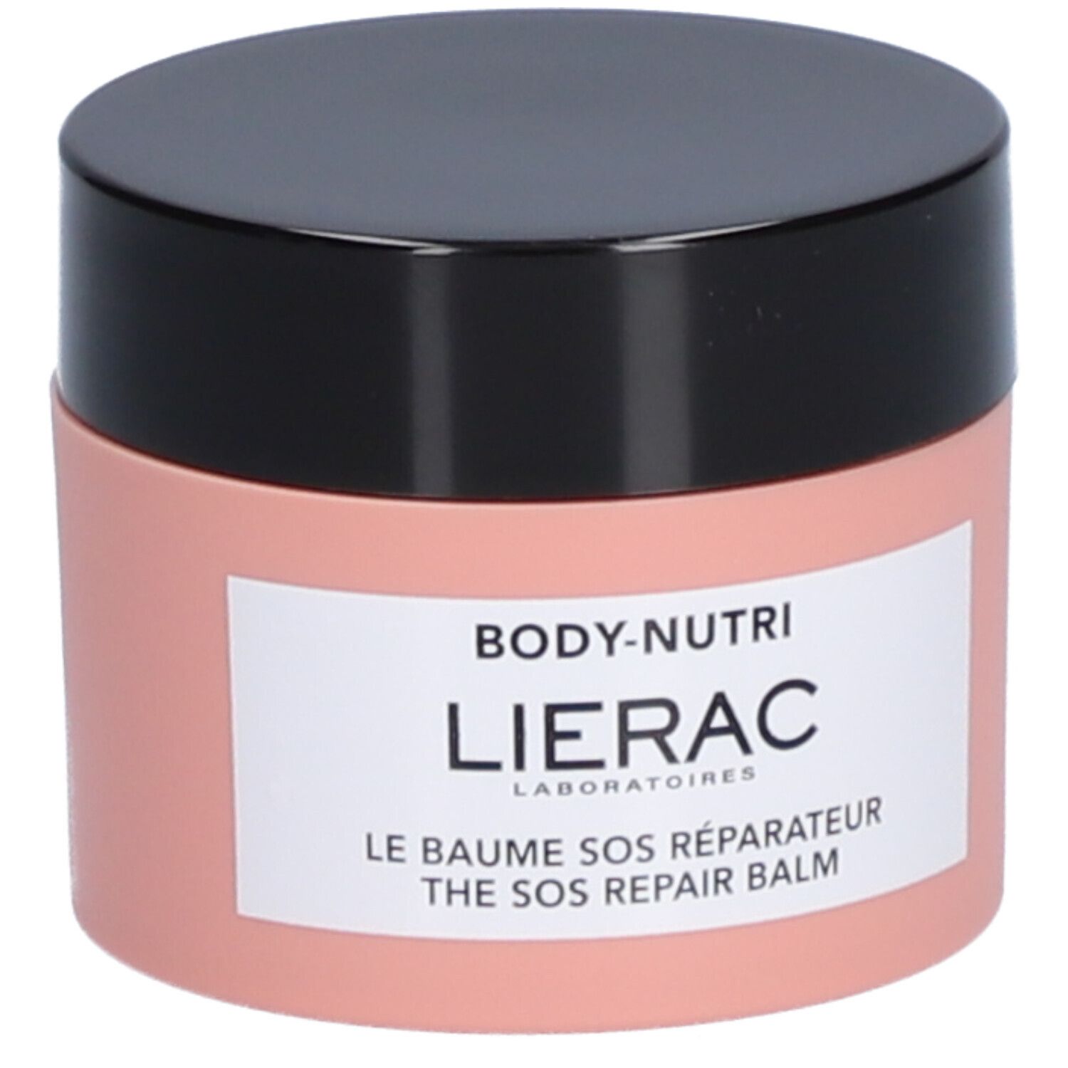 Roze pot met zwarte deksel. Label met tekst: Lierac, Body-Nutri, Le Baume SOS Réparateur.