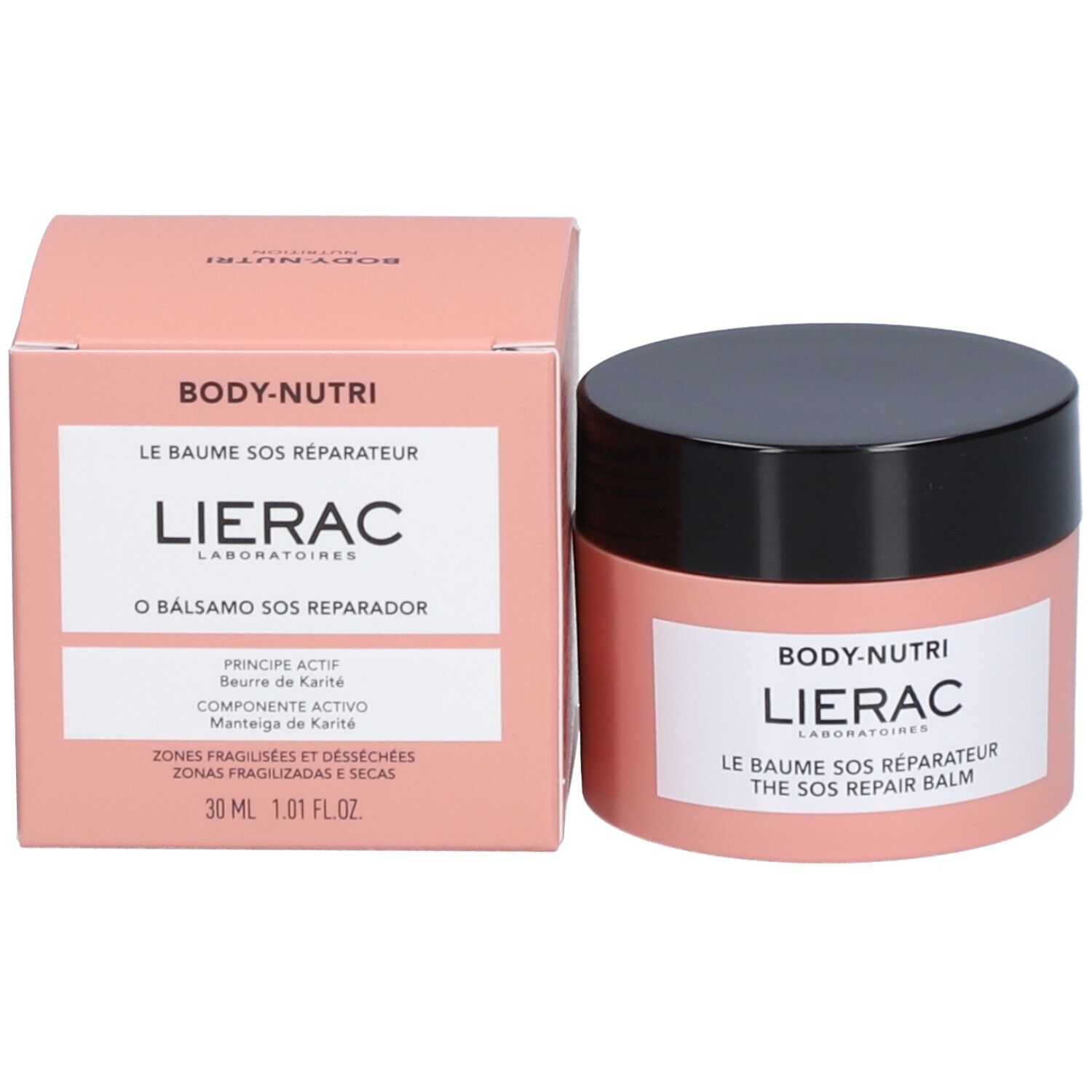 Roze pot en doos. Opschrift: Lierac, Body-Nutri, Le Baume SOS Réparateur. Doos met tekst en logo.