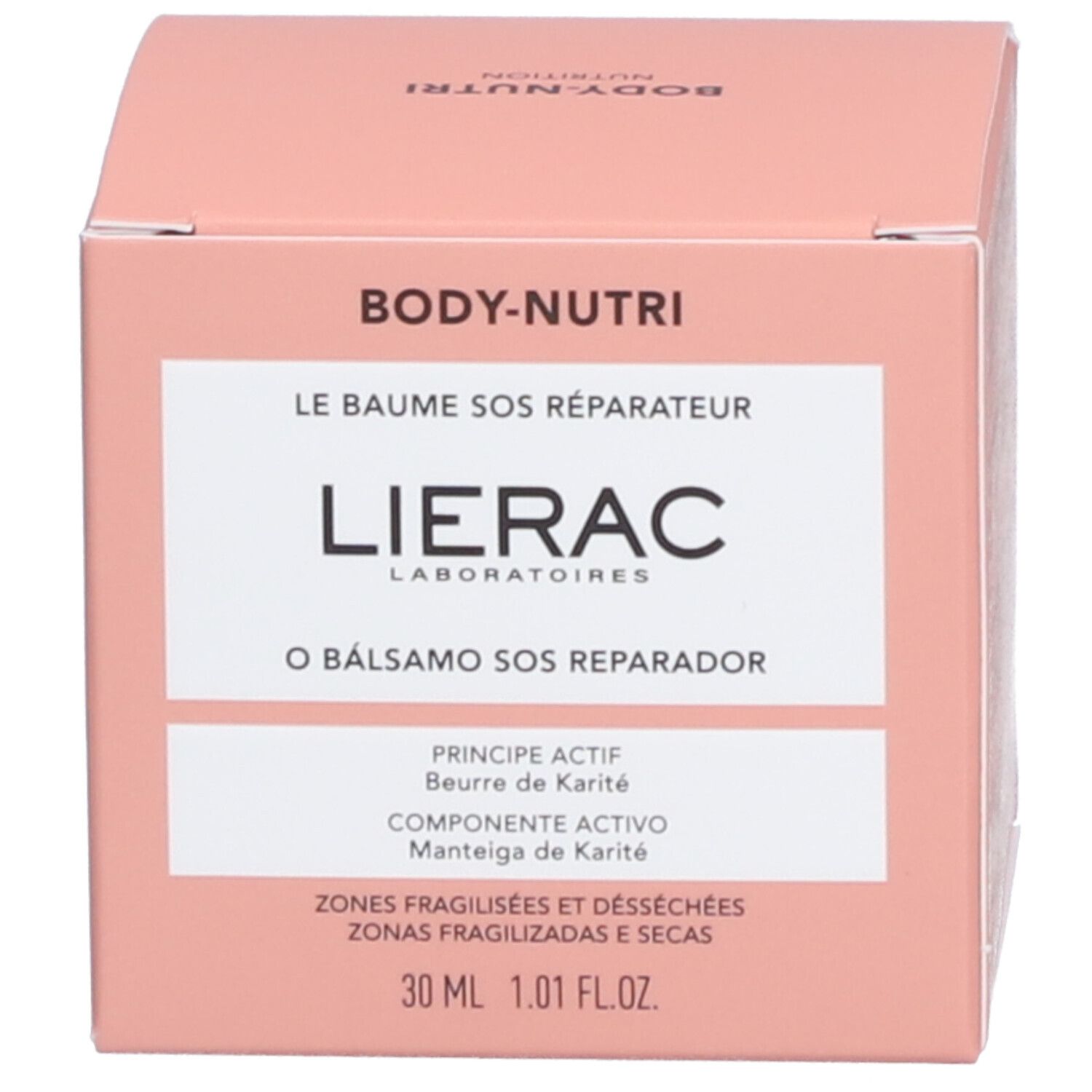 Roze doos met opschrift: Lierac, Body-Nutri, Le Baume SOS Réparateur. Tekst en logo.