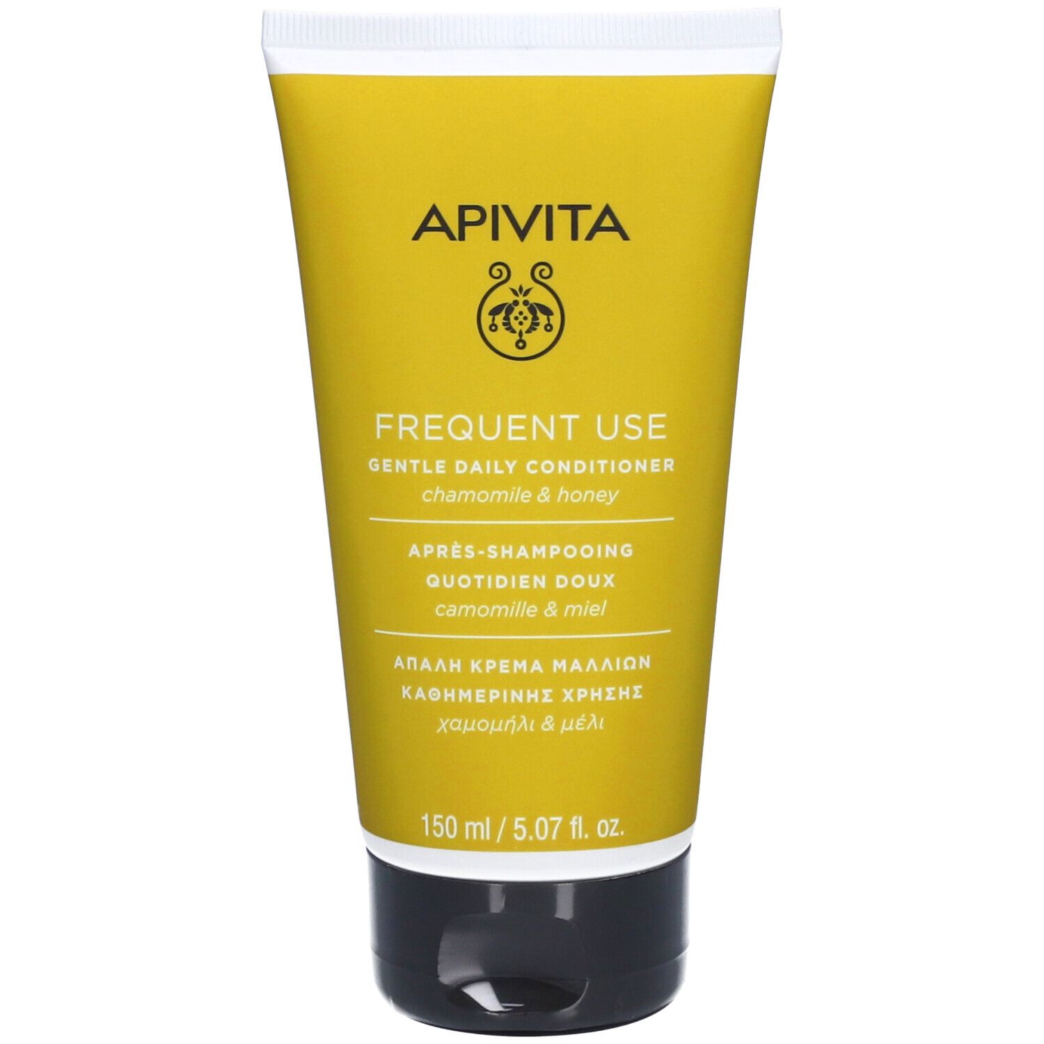 Tube jaune avec bouchon blanc. Inscription: Apivita, Frequent Use Gentle Daily Conditioner, Camomille & Miel. 150 ml.