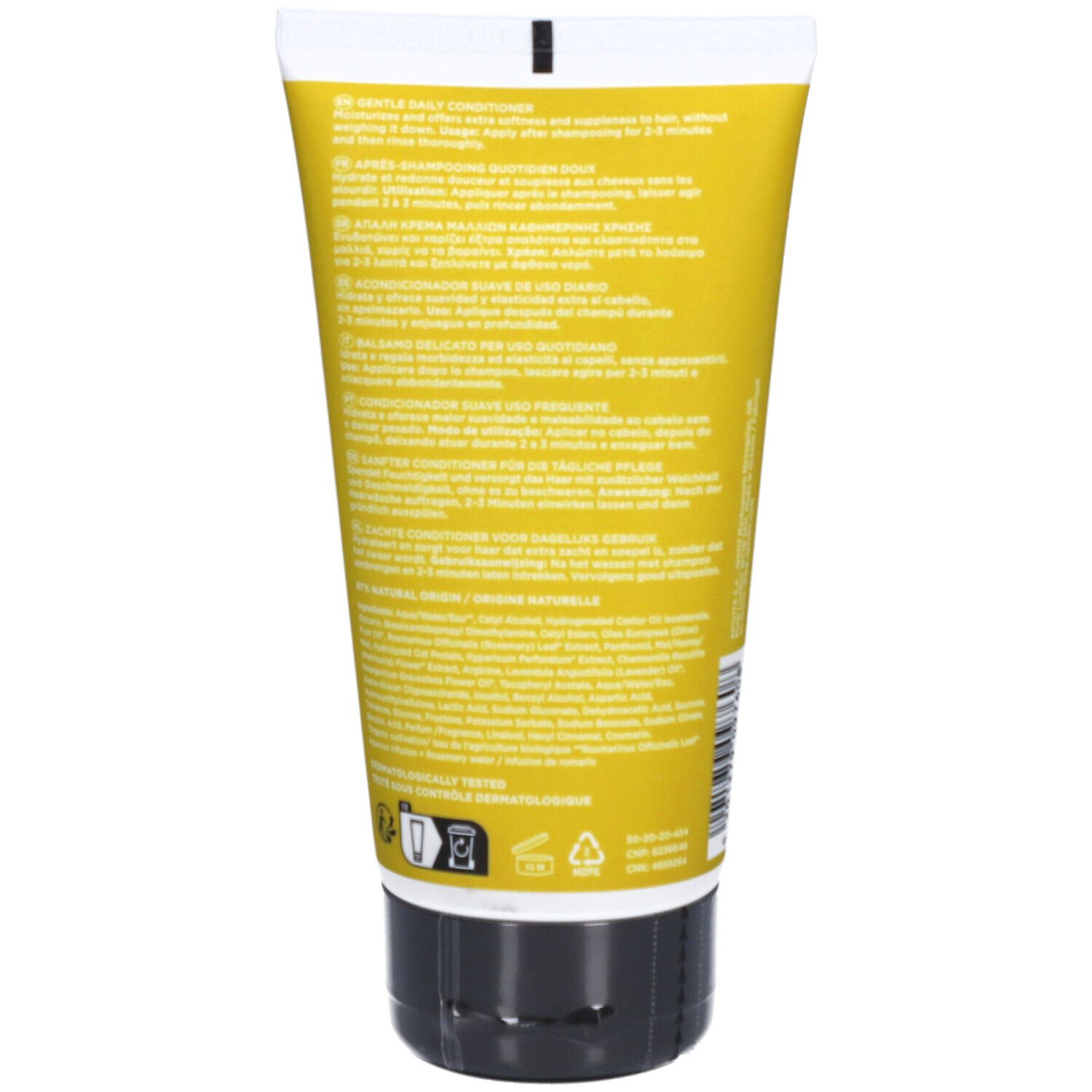 Dos d'un tube jaune. Texte multilingue. Bouchon noir. Symboles de recyclage.