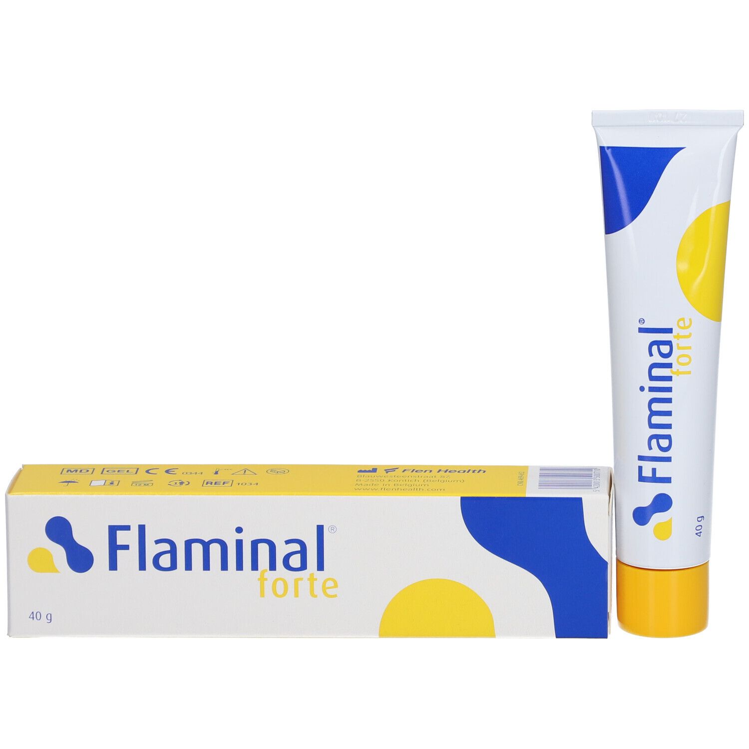 Tube en doos Flaminal forte gel. Wit, blauw en geel. Opschrift Flaminal forte en 40 g.