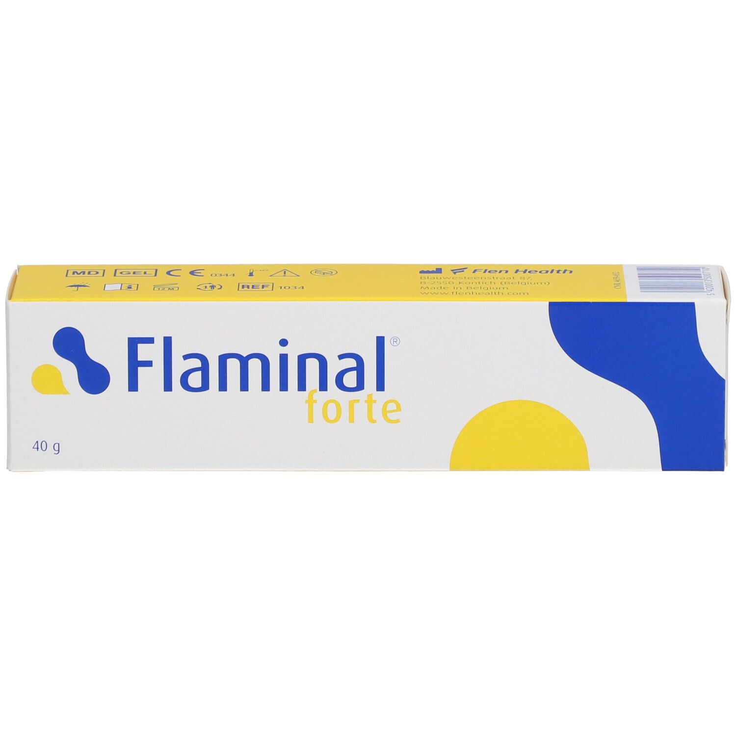 Doos Flaminal forte gel. Wit, blauw en geel. Opschrift Flaminal forte en 40 g.
