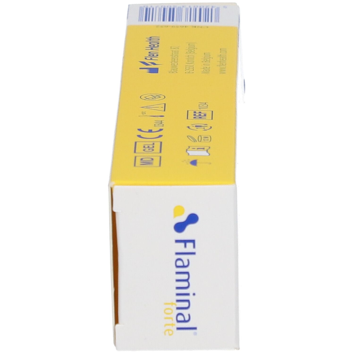 Doos Flaminal forte gel. Geel, blauw en wit. Opschrift Flaminal forte. Zijkant met tekst en symbolen.