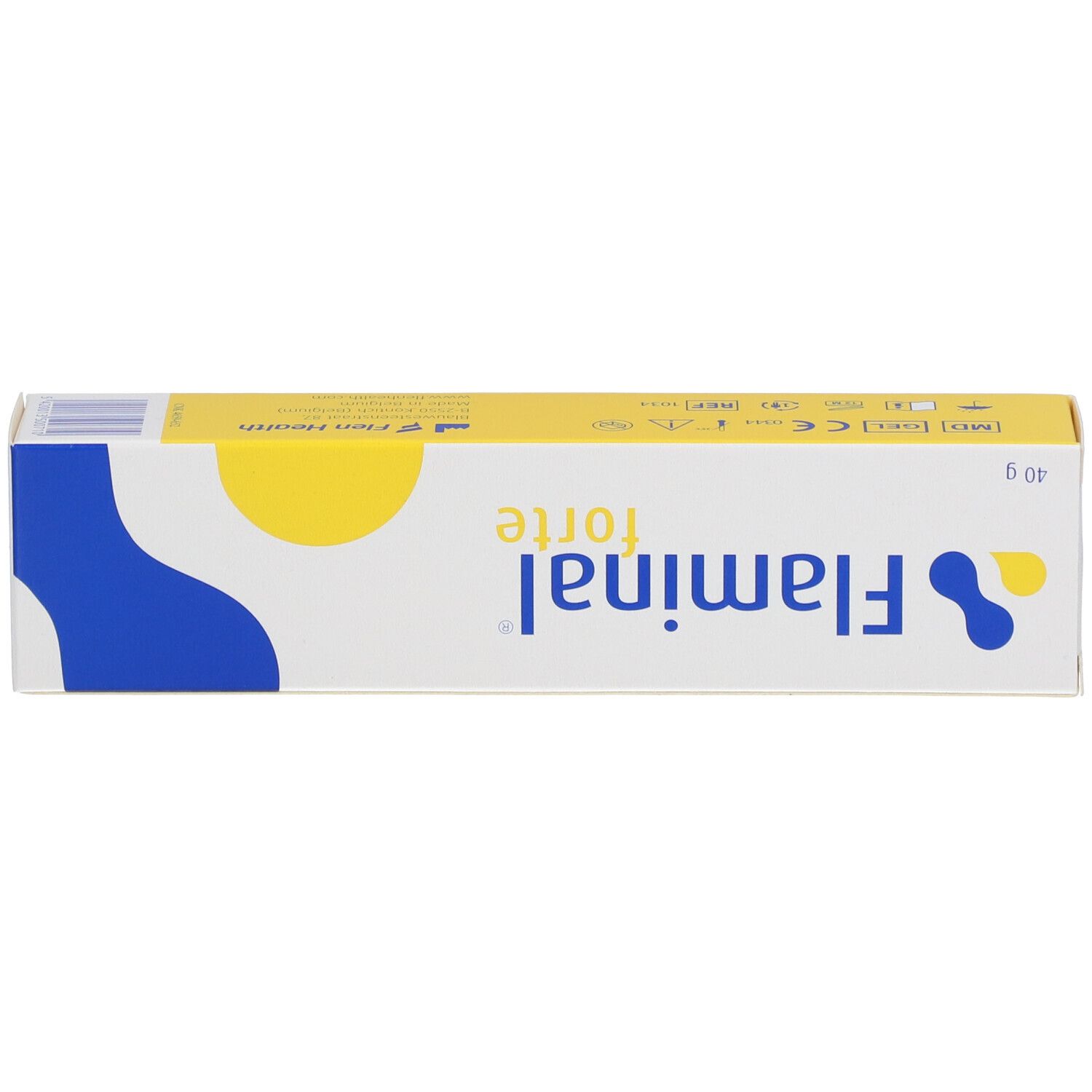 Doos Flaminal forte gel. Geel, blauw en wit. Opschrift Flaminal forte en 40 g.