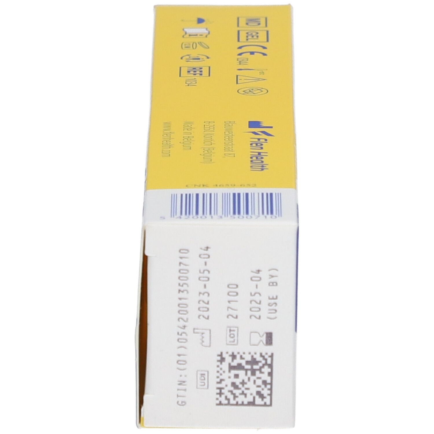 Doos Flaminal forte gel. Geel, blauw en wit. Zijkant met tekst, symbolen en barcode.