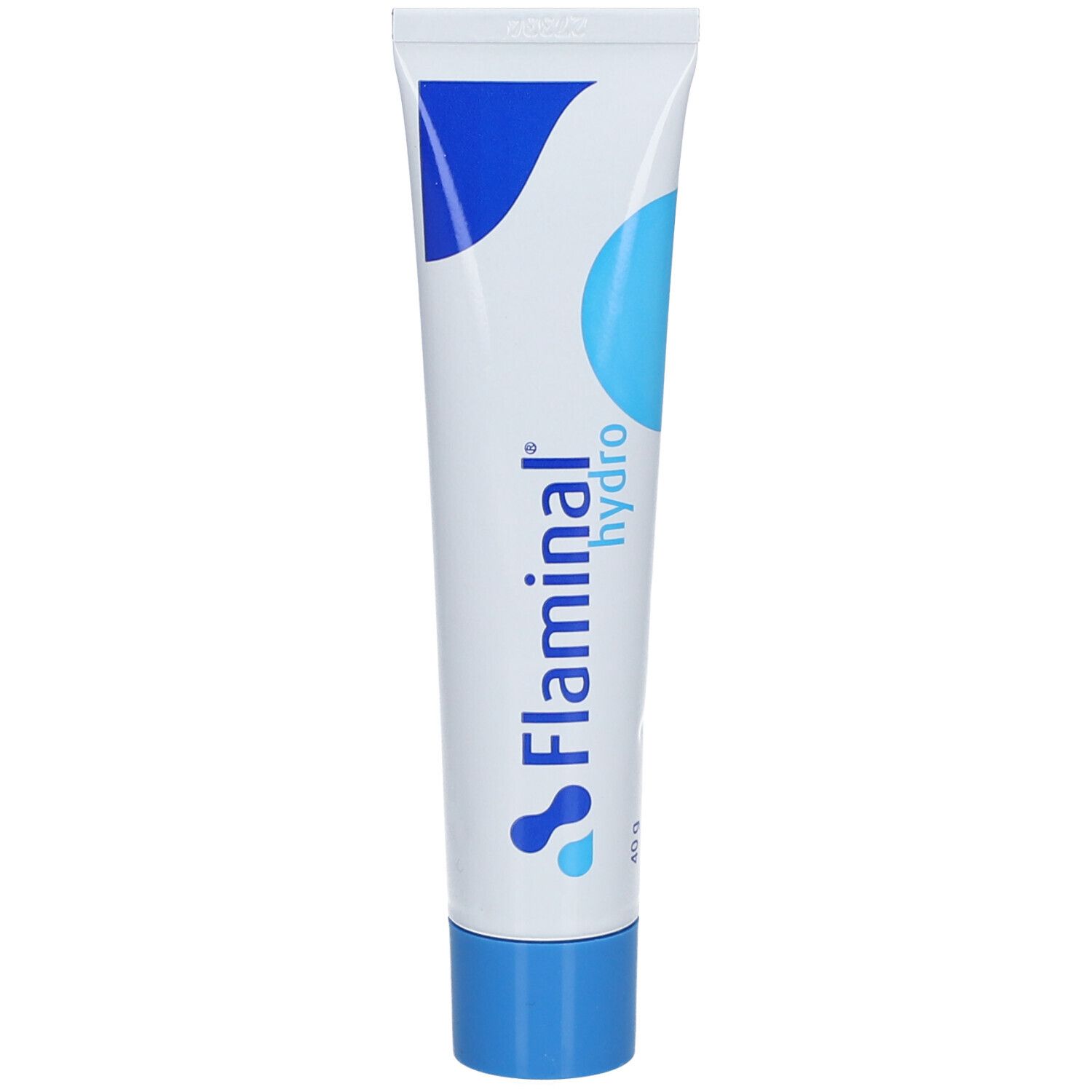 Tube blanche et bleue avec logo "Flaminal hydro". Bouchon bleu. Inscription "40 g".