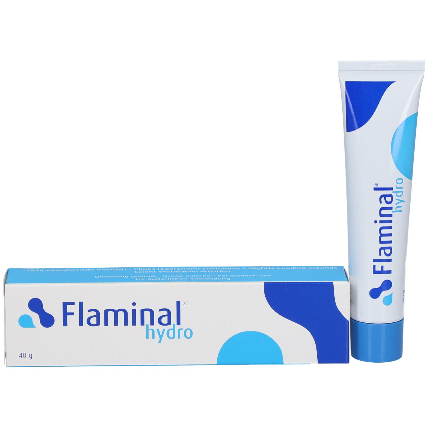 Tube et boîte. Tube : blanc et bleu, "Flaminal hydro". Boîte : blanc et bleu, "Flaminal hydro", "40 g".