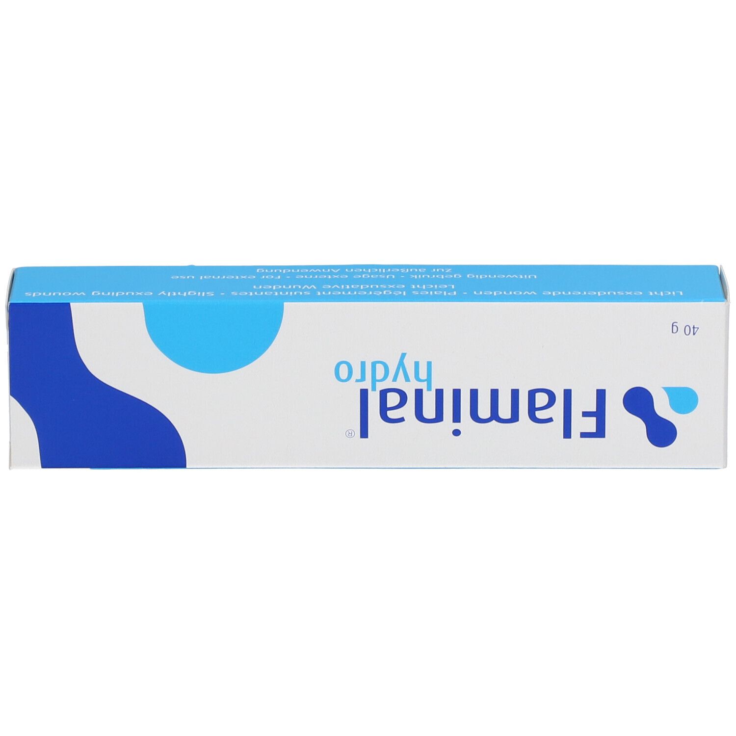 Boîte, dessus. Logo bleu et blanc "Flaminal hydro" et inscription "40 g".