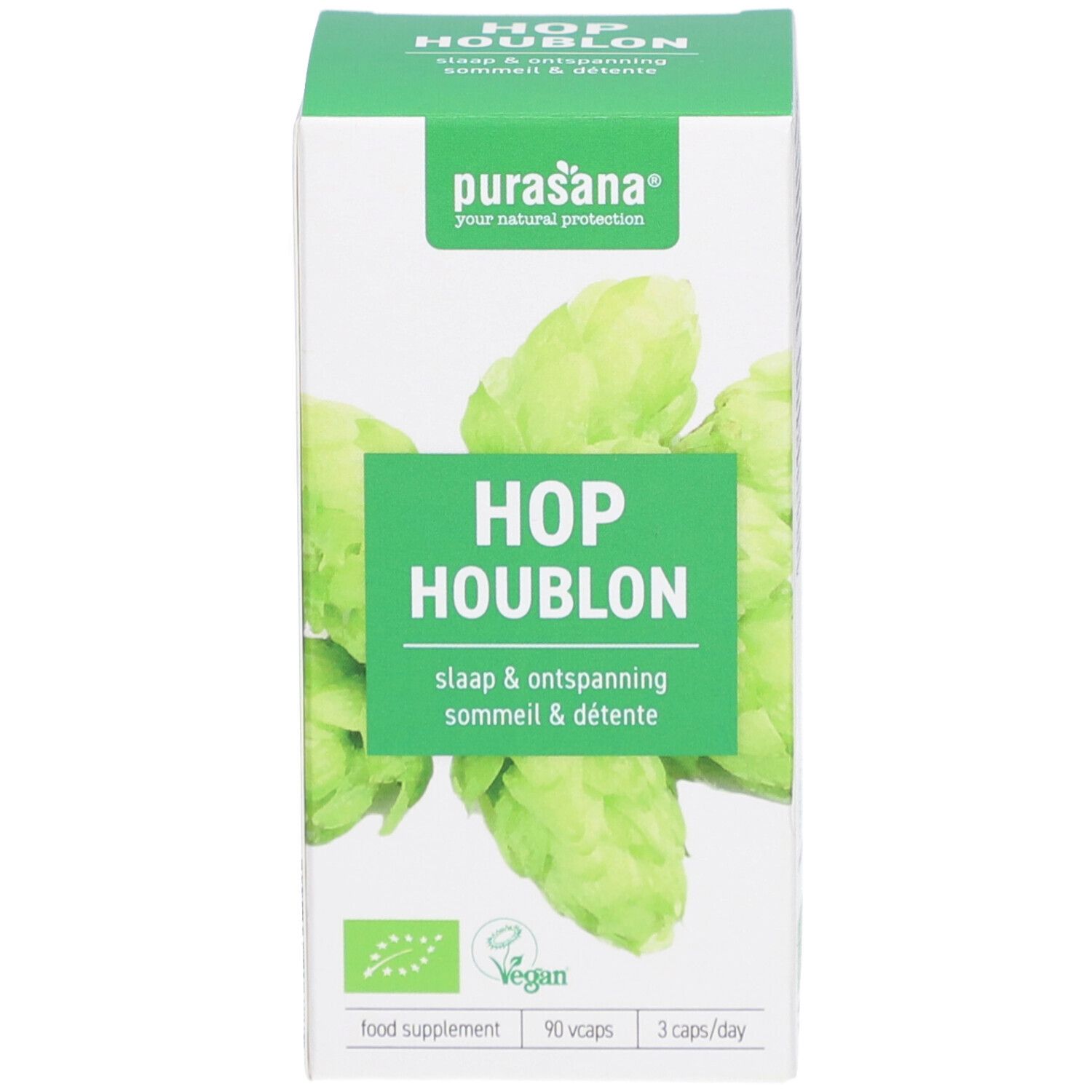 Grüne Schachtel mit Hopfen-Illustration und Text. Vegan-Siegel. Weißer Hintergrund.