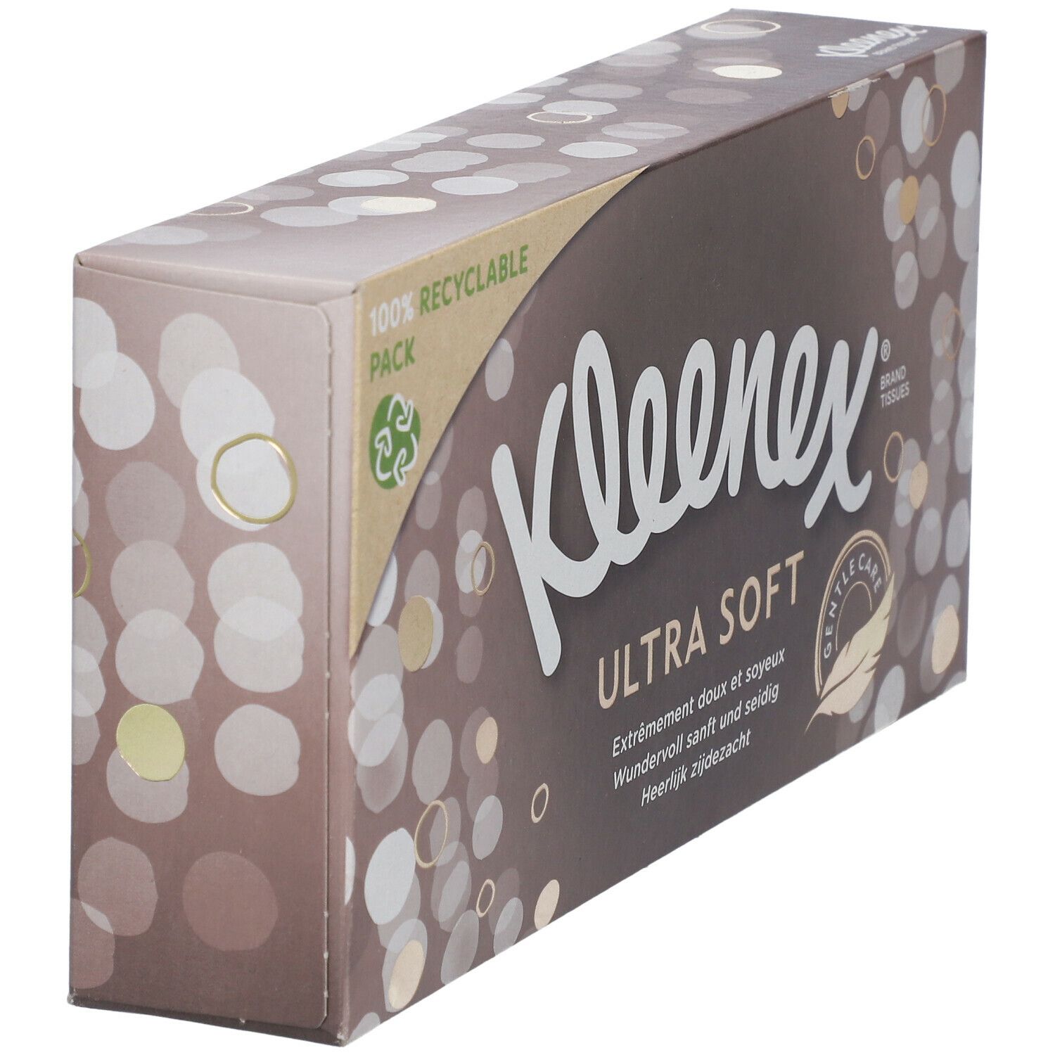 Boîte de mouchoirs Kleenex Ultra Soft. Texte multilingue. Emballage recyclable.