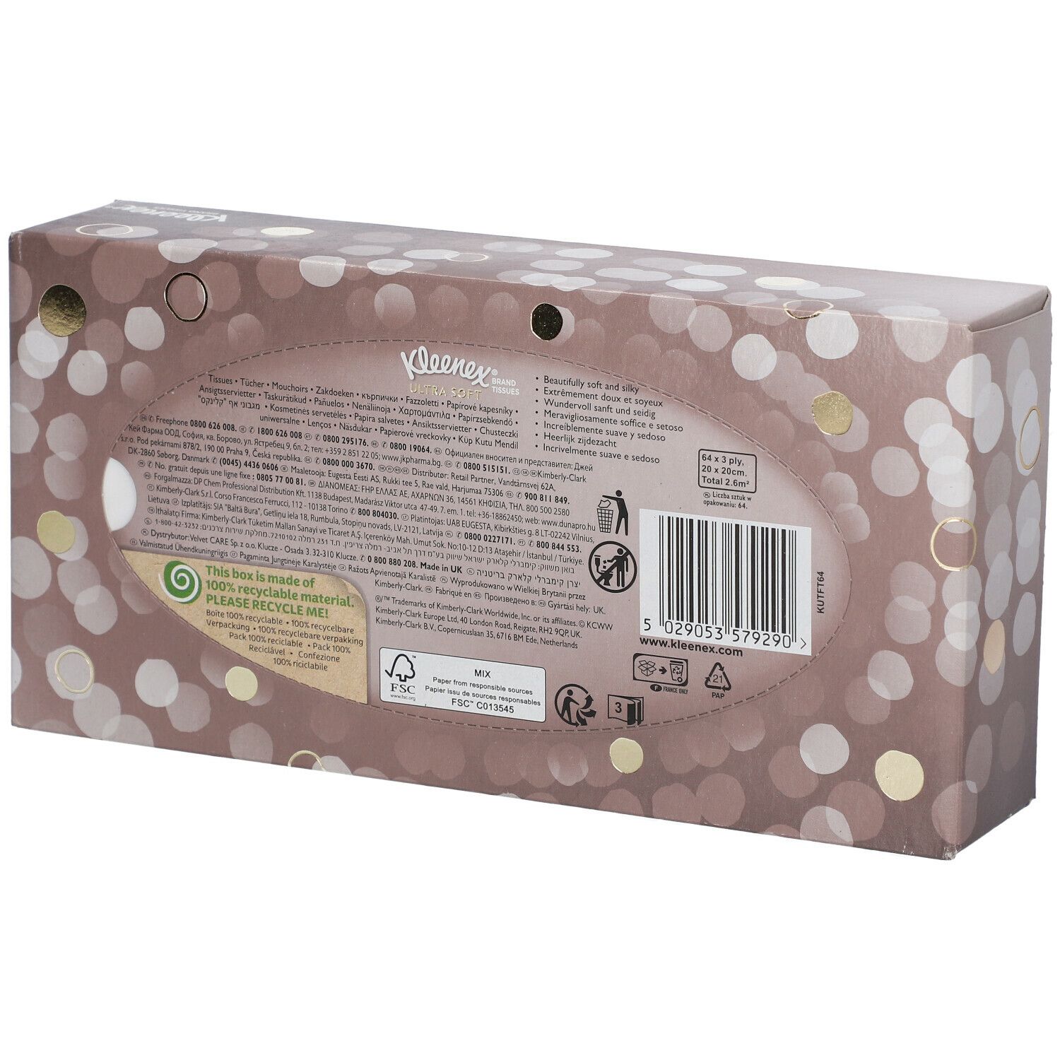 Dos de la boîte de mouchoirs. Informations, code-barres, consignes de recyclage et certifications.