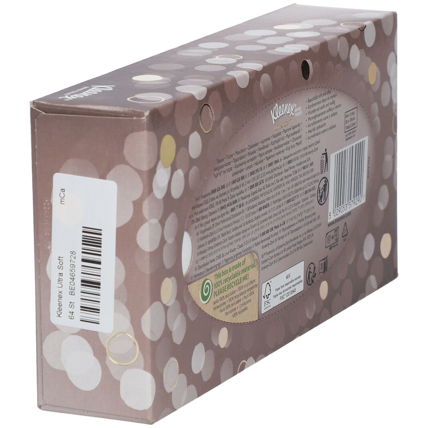 Dos de la boîte de mouchoirs. Informations, code-barres, consignes de recyclage et certifications.