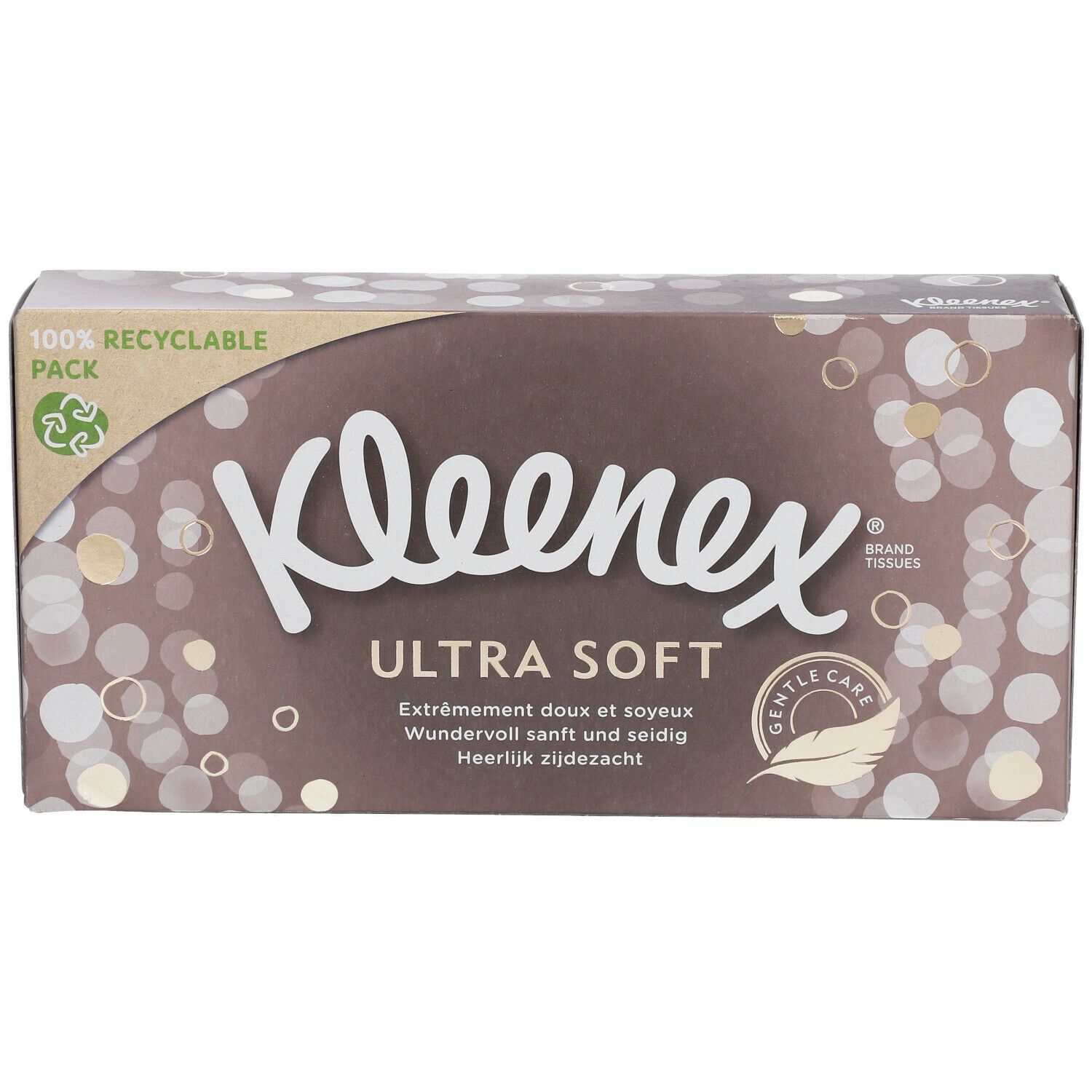 Boîte de mouchoirs Kleenex Ultra Soft. Texte multilingue. Emballage recyclable.