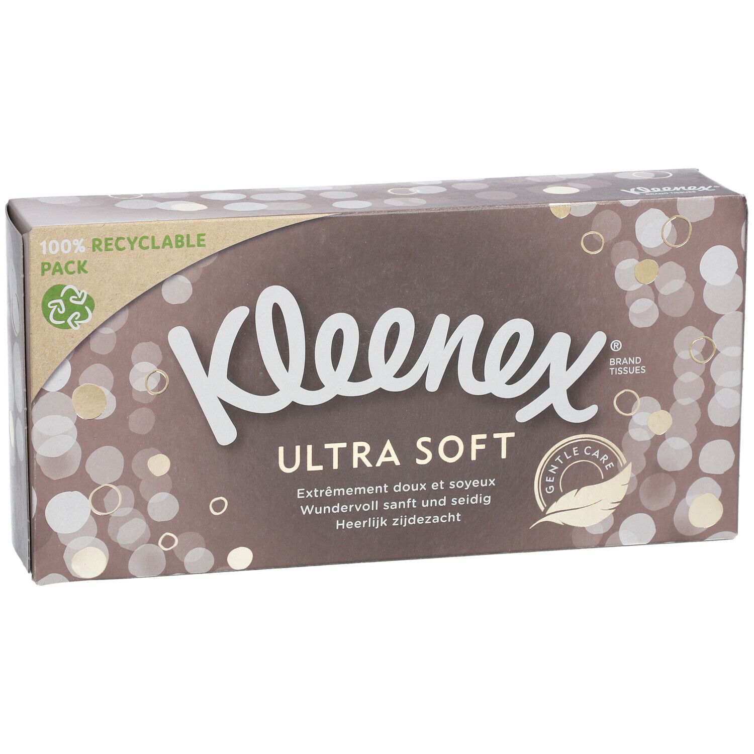 Boîte de mouchoirs Kleenex Ultra Soft. Texte multilingue. Emballage recyclable.