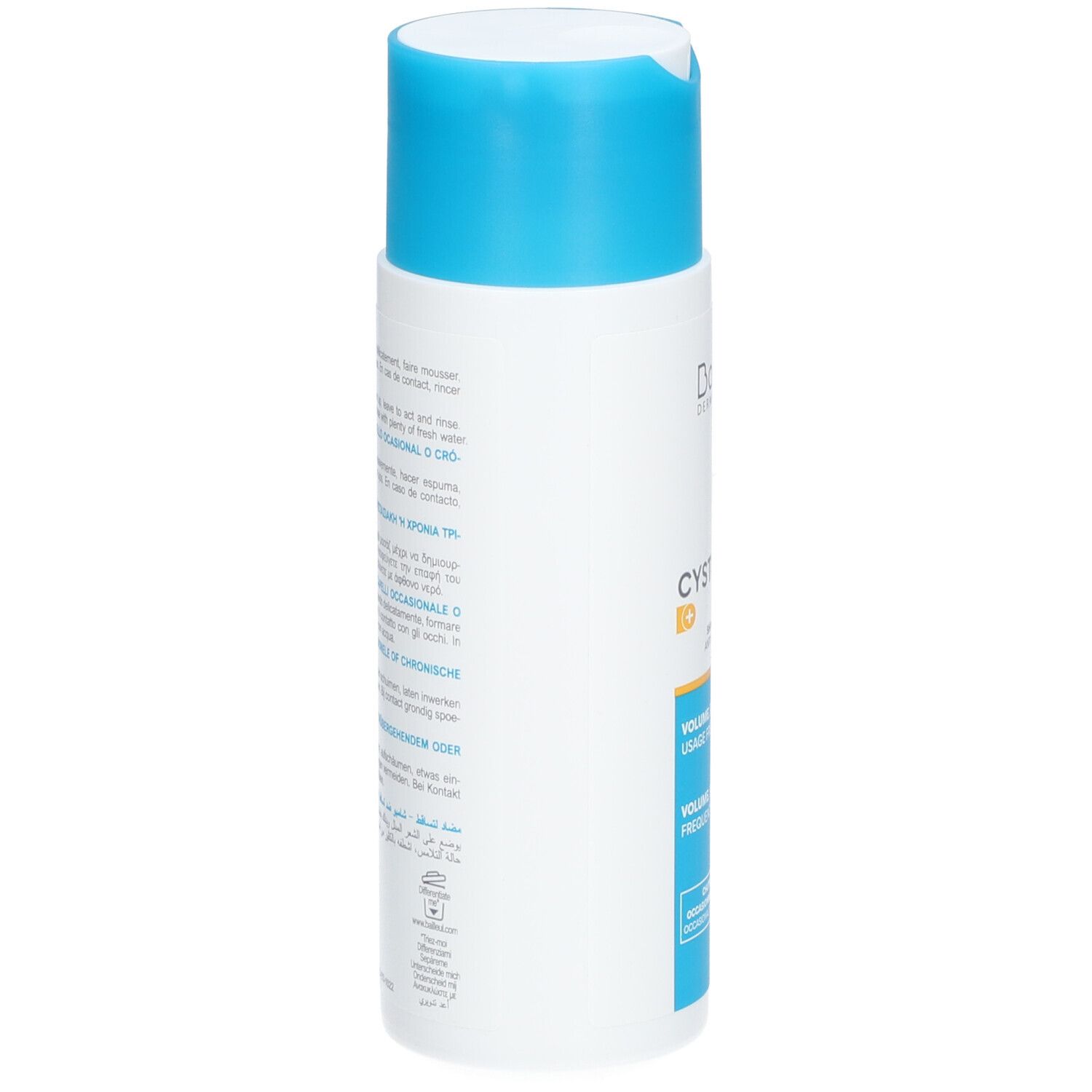 Flacon blanc avec bouchon bleu. Inscription: Cystiphane, Shampooing Antichute. Texte multilingue.