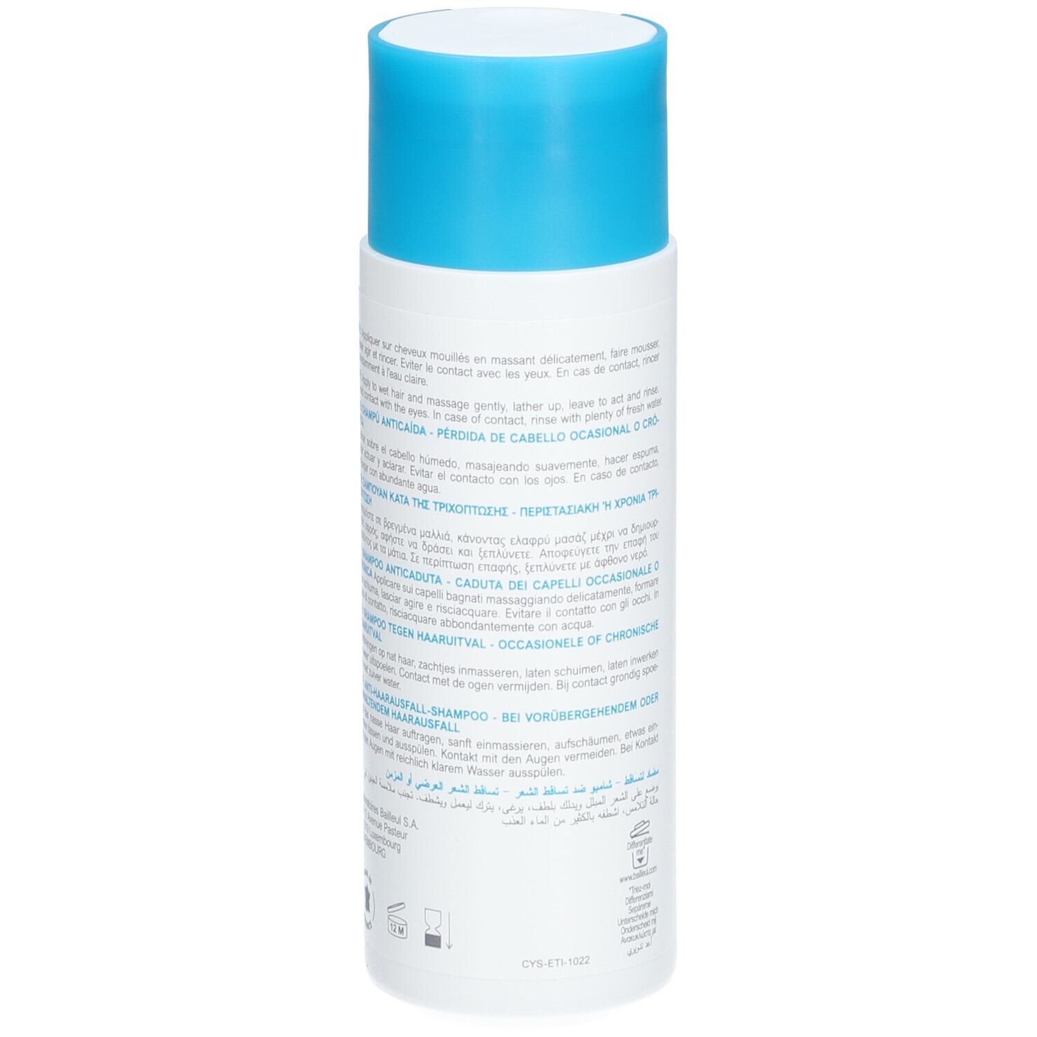 Flacon blanc avec bouchon bleu. Inscription: Cystiphane, Shampooing Antichute. Texte multilingue.