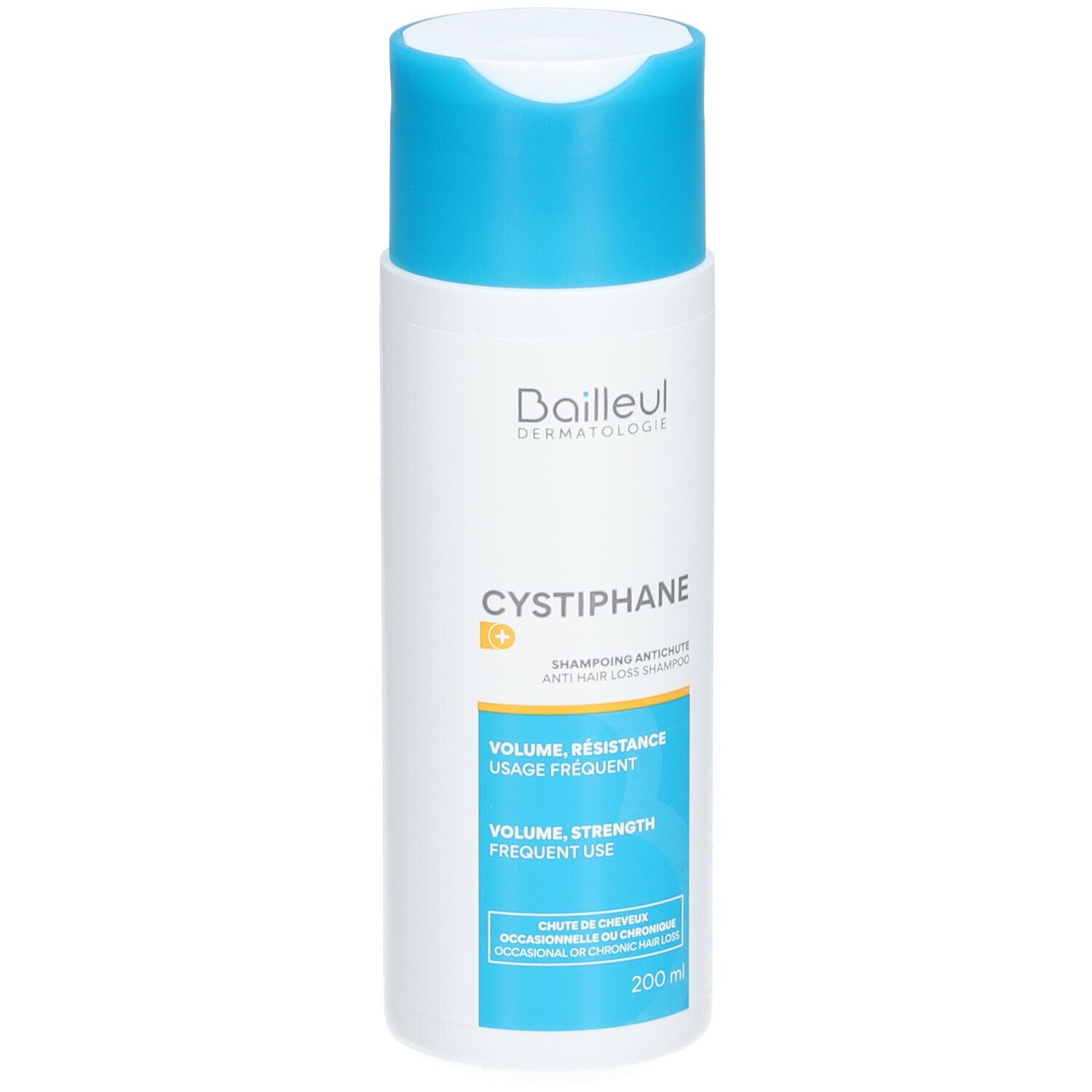 Flacon blanc et bleu de shampooing. Inscription: Cystiphane, Shampooing Antichute. Volume, résistance, usage fréquent.