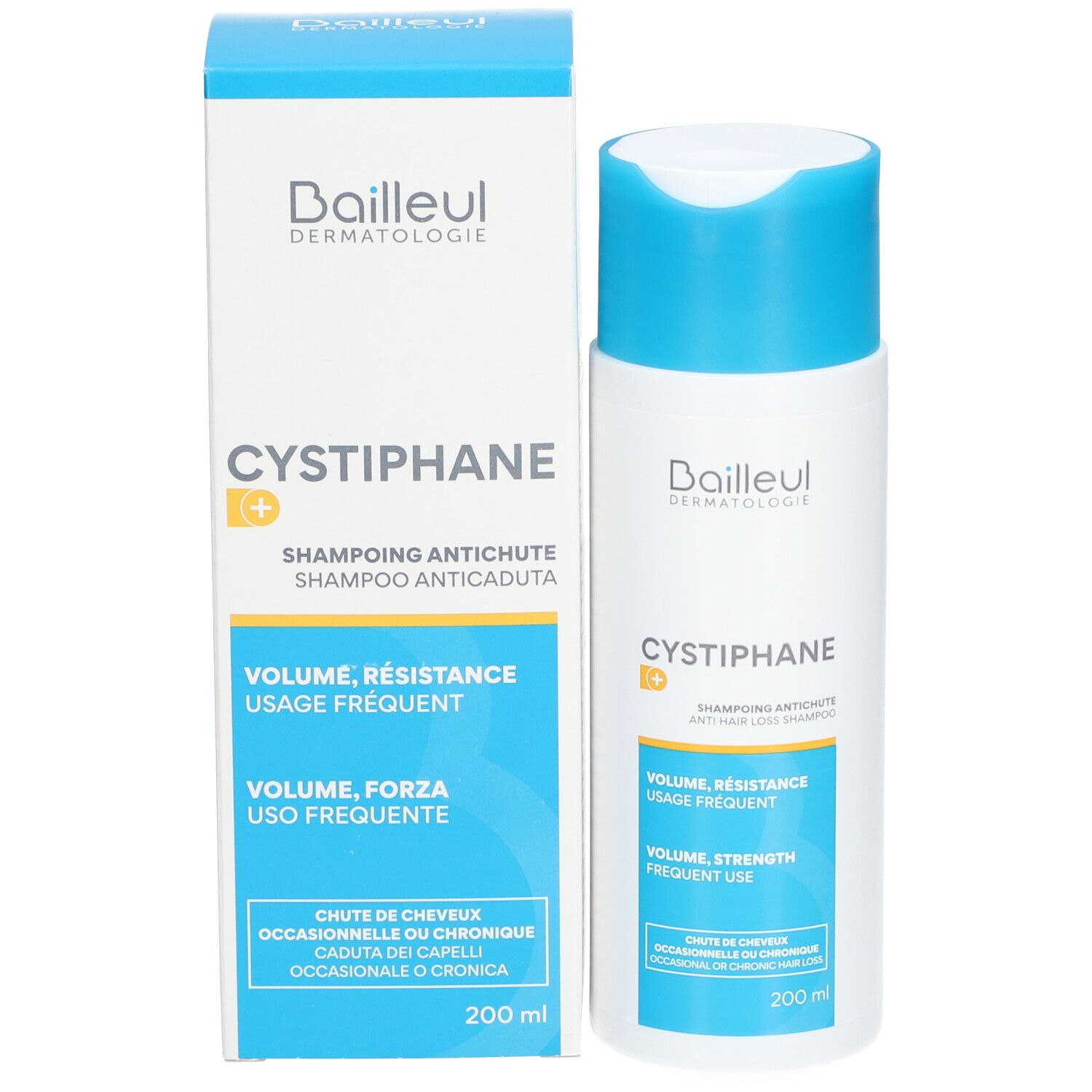 Flacon et boîte de shampooing. Inscription: Cystiphane, Shampooing Antichute. Volume, résistance, usage fréquent.