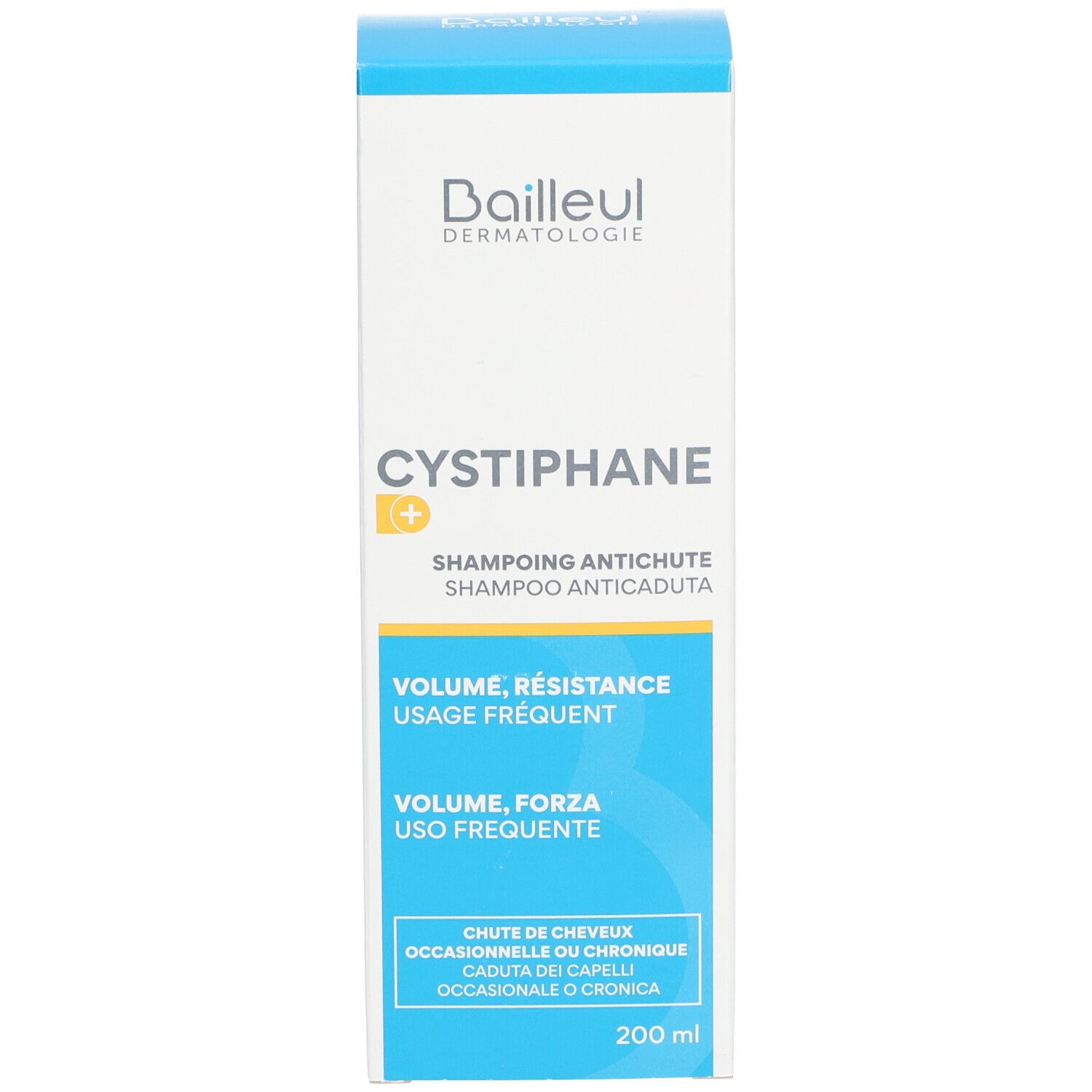 Boîte de shampooing. Inscription: Cystiphane, Shampooing Antichute. Volume, résistance, usage fréquent.