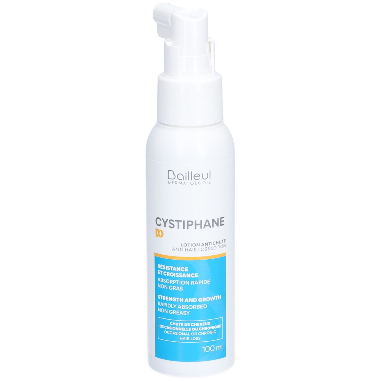 Witte fles met pompkop. Opschrift Cystiphane en productinformatie. 100 ml.