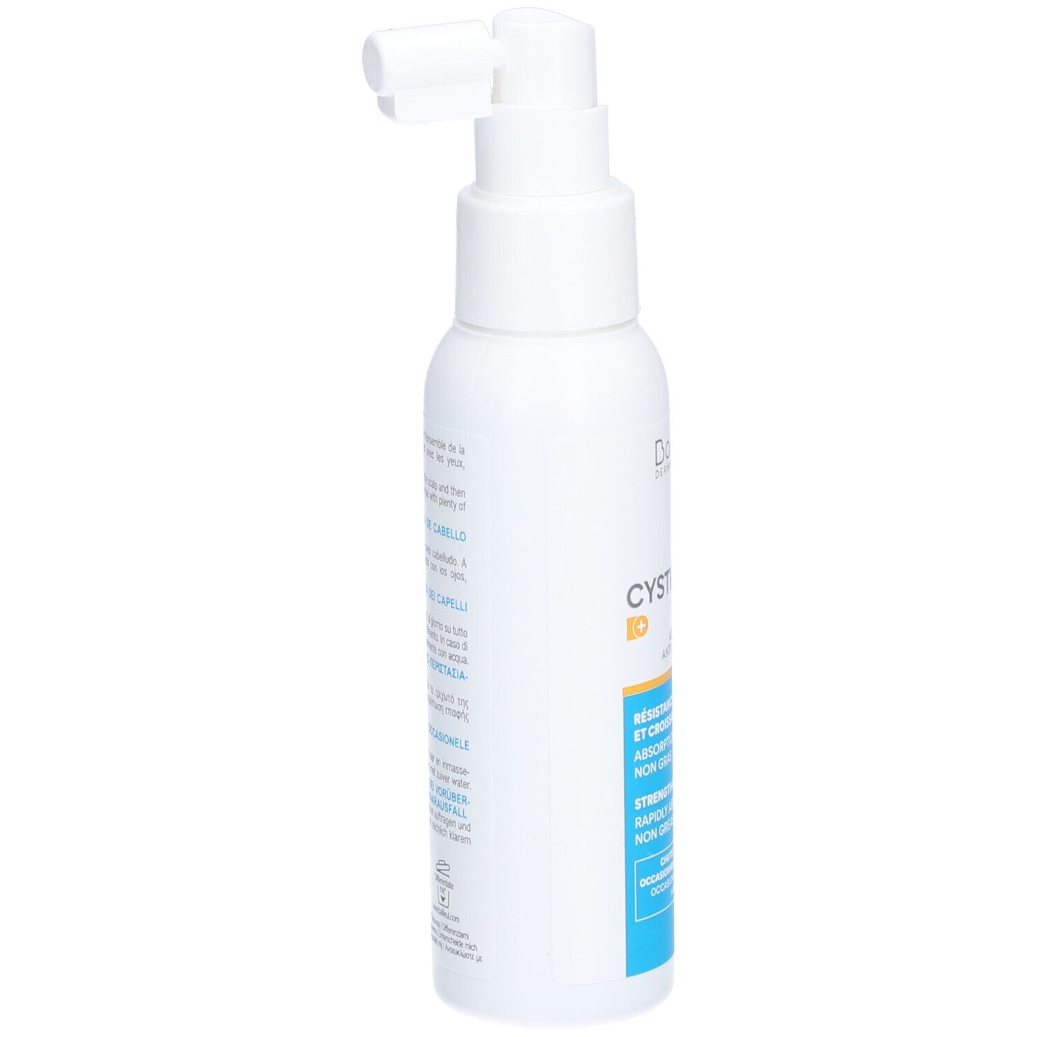 Witte fles met pompkop. Opschrift Cystiphane en productinformatie. Zijaanzicht.