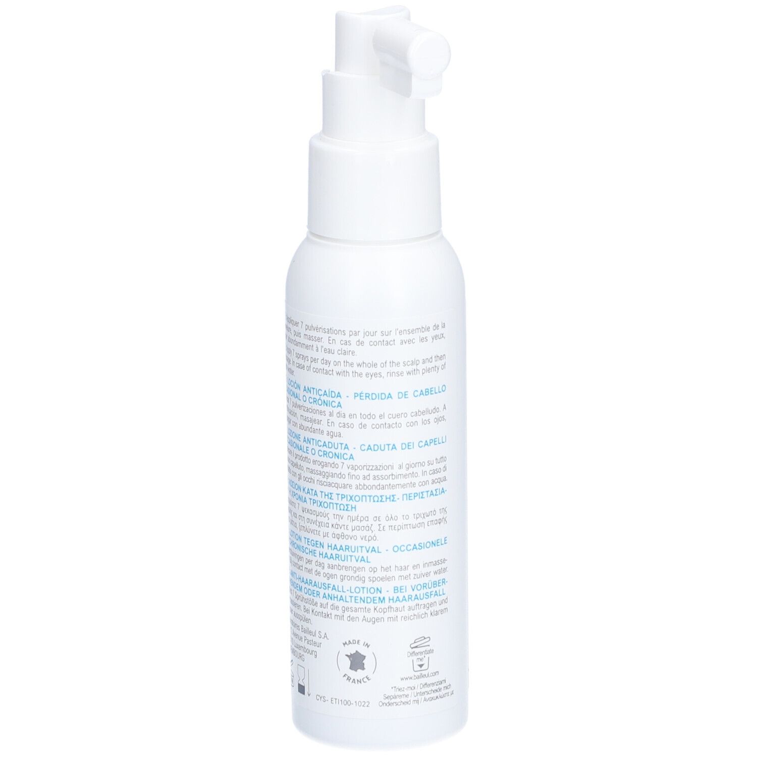 Witte fles met pompkop. Achterkant met productinformatie in verschillende talen.