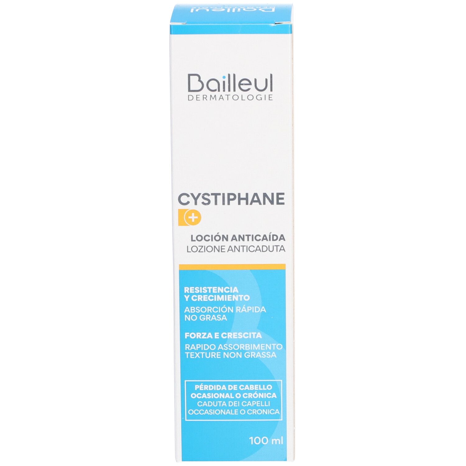 Productverpakking. Opschrift Cystiphane en productinformatie. 100 ml.