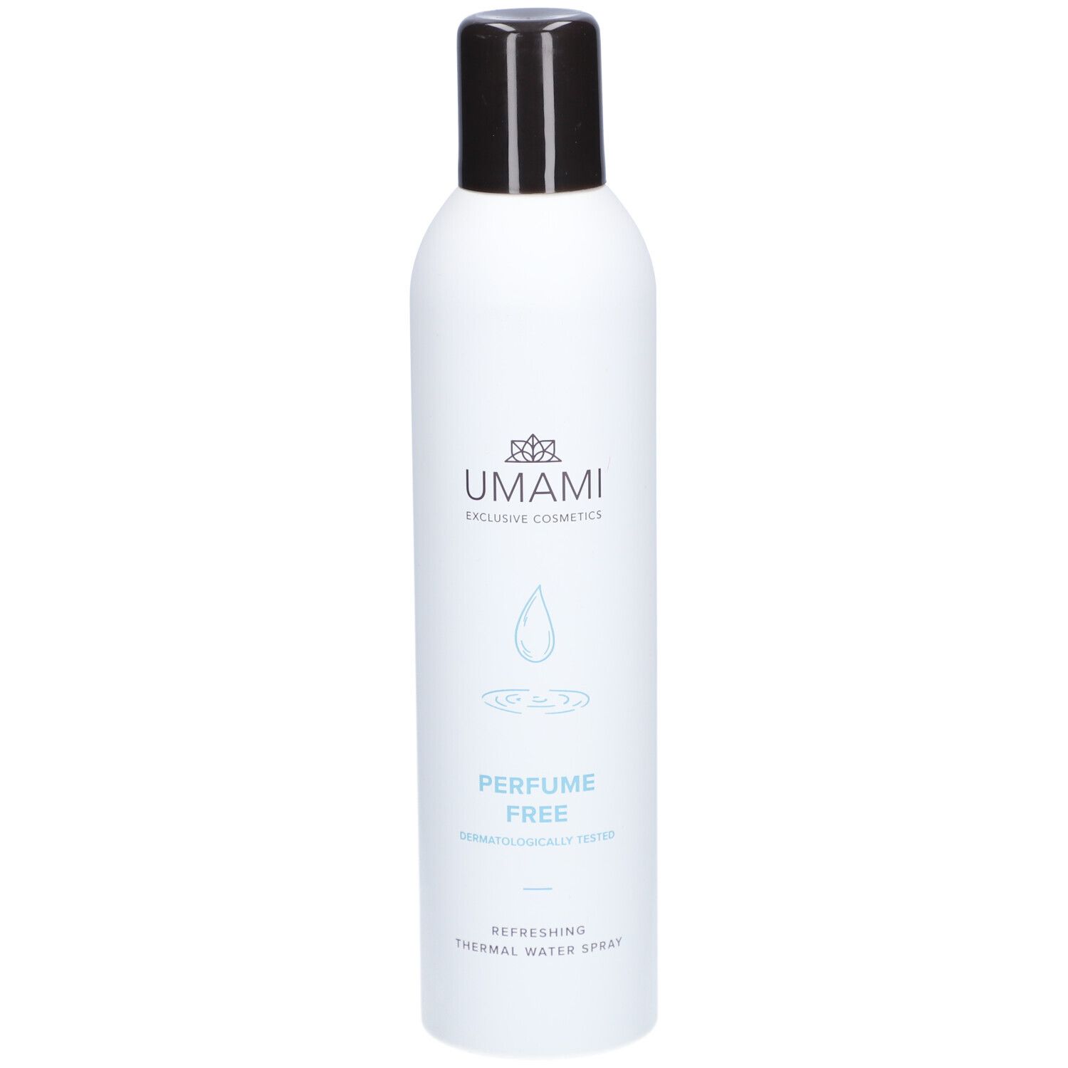 Flacon spray blanc avec bouchon noir. Logo et texte: UMAMI, PERFUME FREE, Thermalwasser Spray.