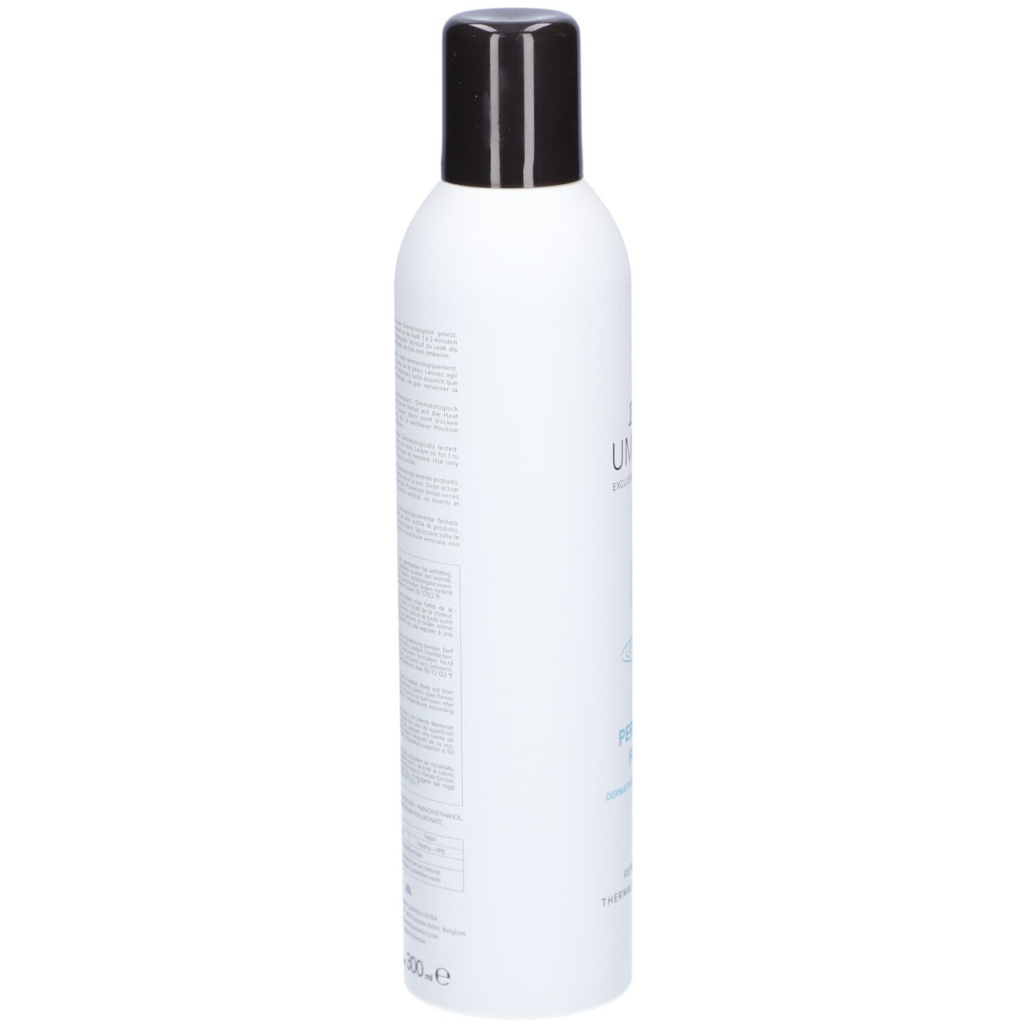 Flacon spray blanc avec bouchon noir. Texte sur le côté.