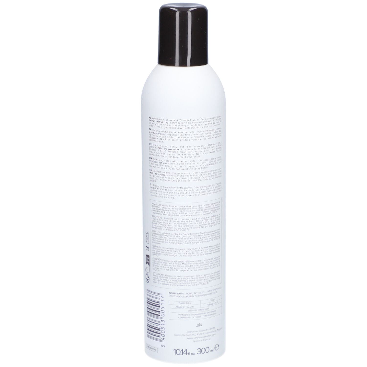 Flacon spray blanc avec bouchon noir. Texte et code-barres au dos.