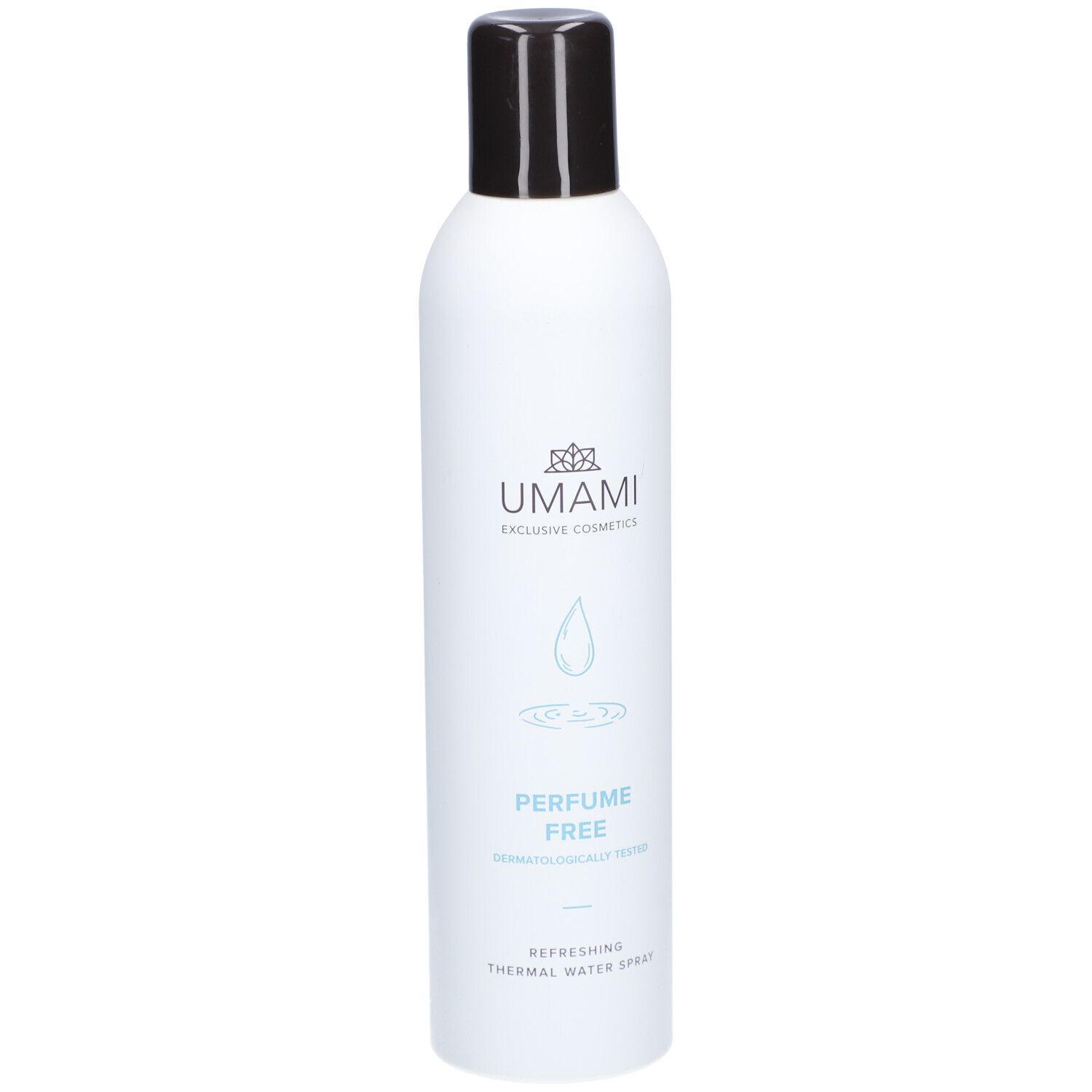 Flacon spray blanc avec bouchon noir. Logo et texte: UMAMI, PERFUME FREE, Thermalwasser Spray.