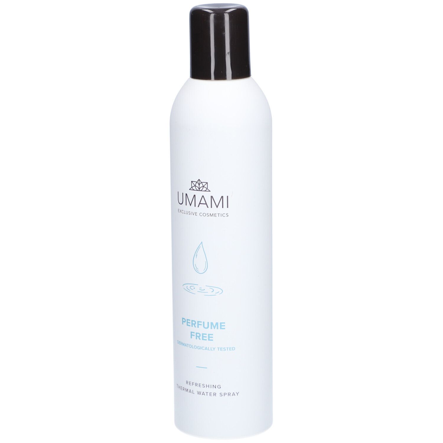 Flacon spray blanc avec bouchon noir. Logo et texte: UMAMI, PERFUME FREE, Thermalwasser Spray.