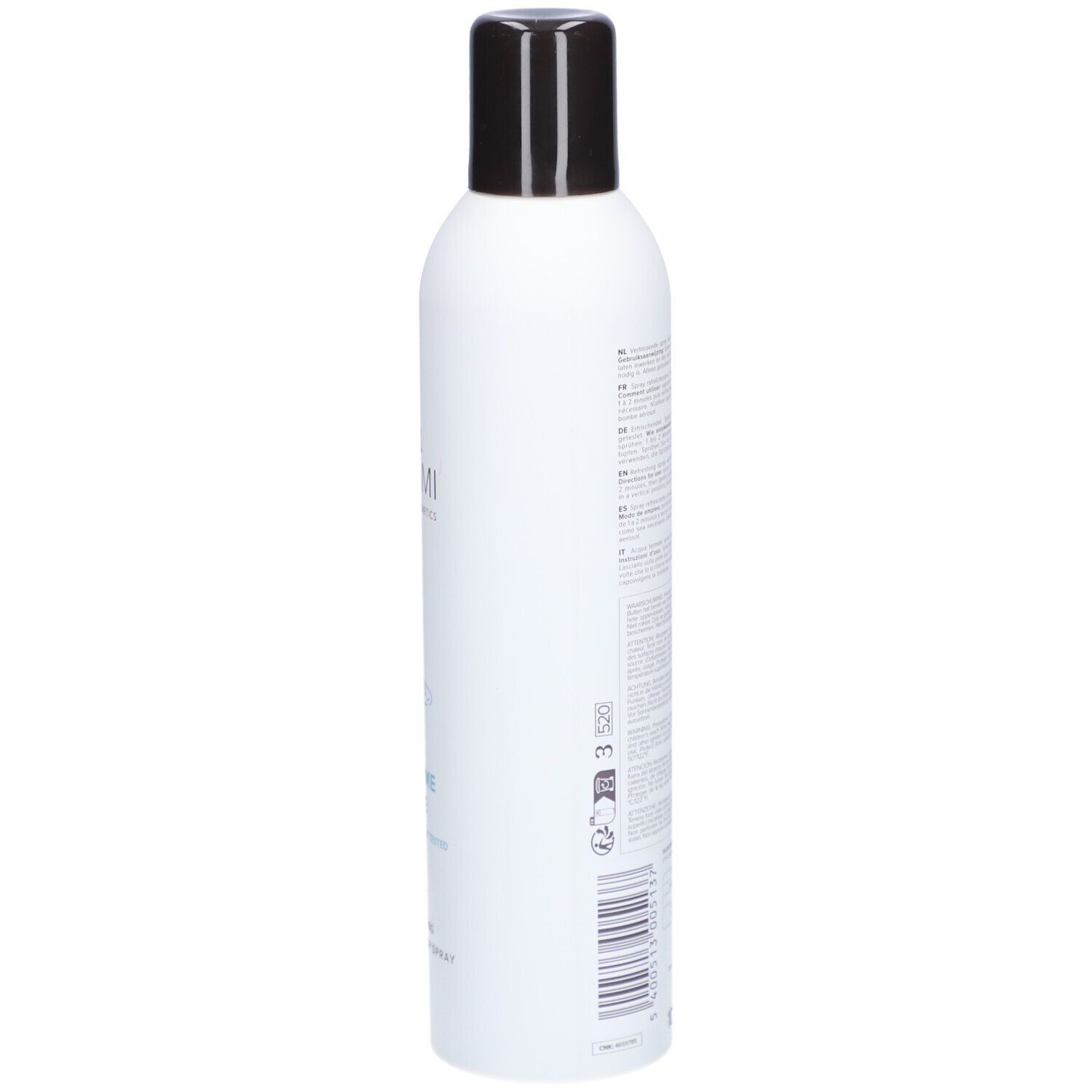 Flacon spray blanc avec bouchon noir. Texte sur le côté.