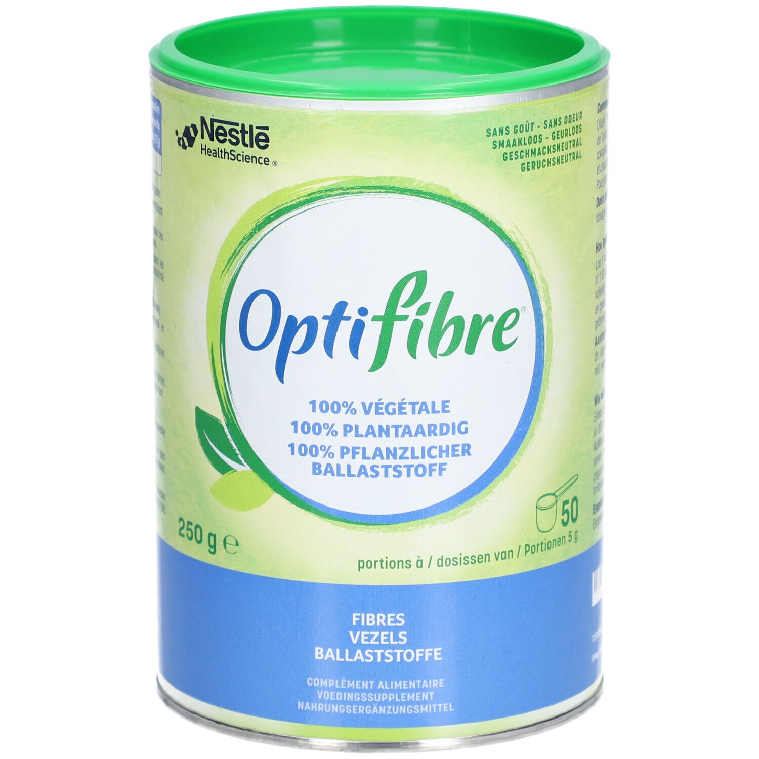 Boîte Optifibre, vert et blanc. Inscription: Optifibre, 100% végétal, 250g. Logo Nestlé HealthScience. 50 portions.