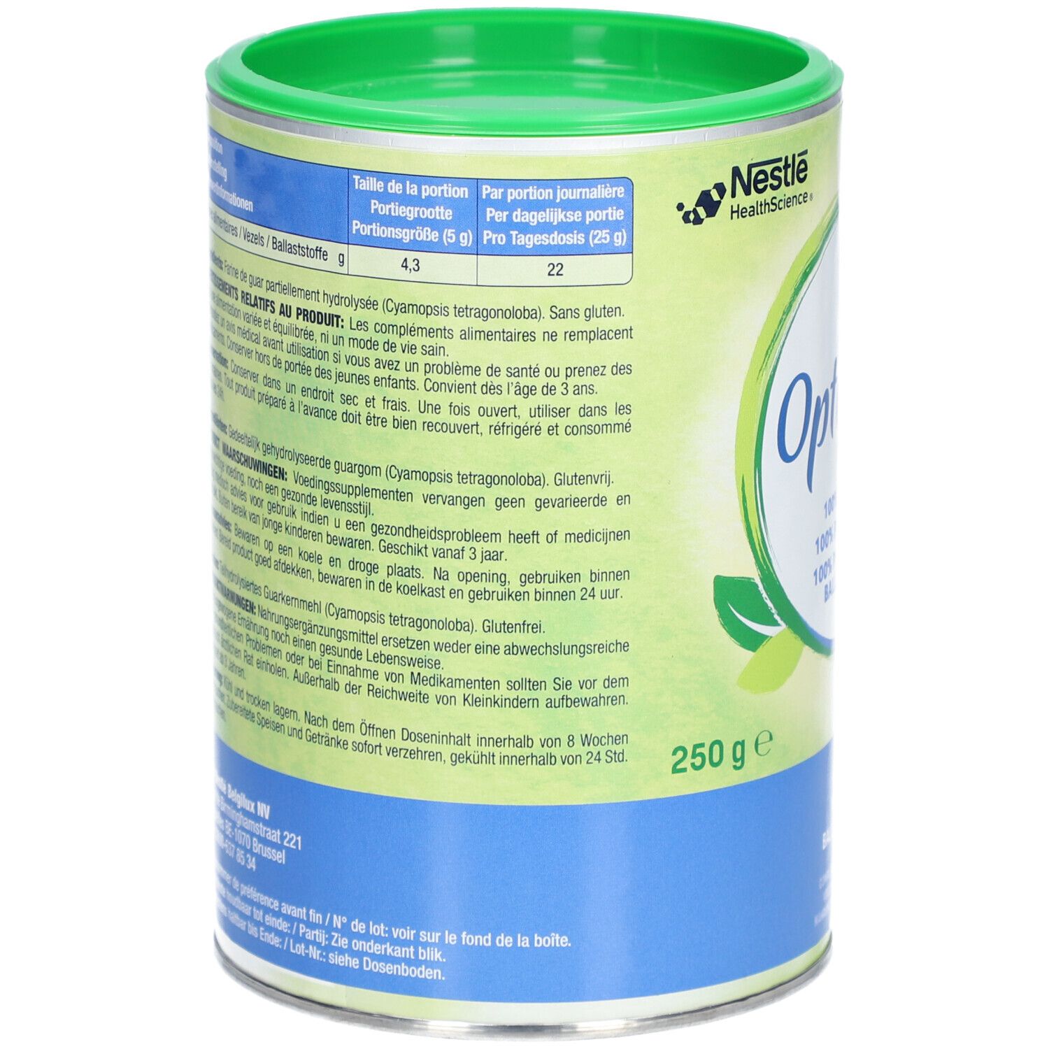 Dos de la boîte Optifibre. Texte multilingue. Informations sur les ingrédients, le dosage et les avertissements. 250g.