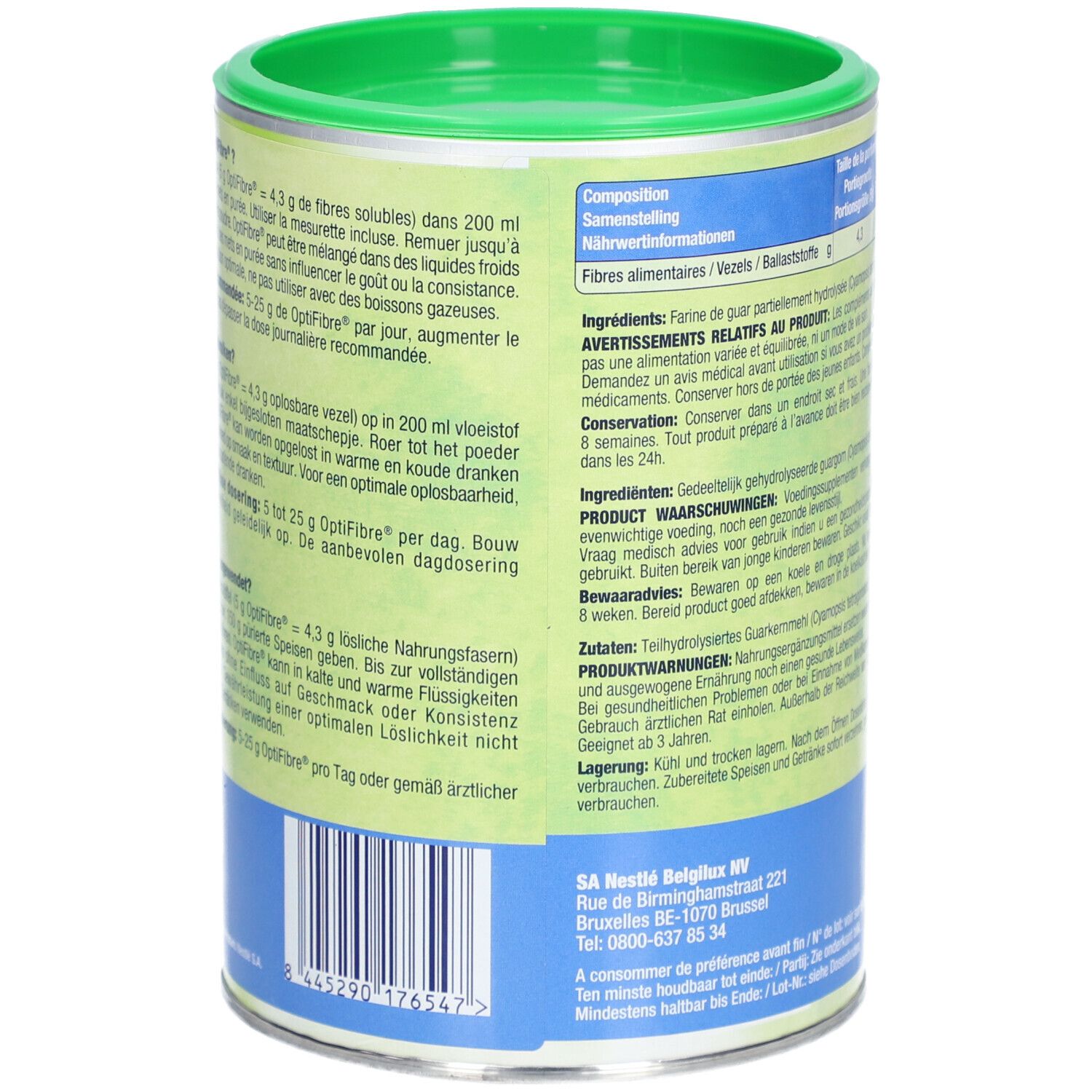Dos de la boîte Optifibre. Texte multilingue. Informations sur les ingrédients, le dosage et les avertissements. 250g.