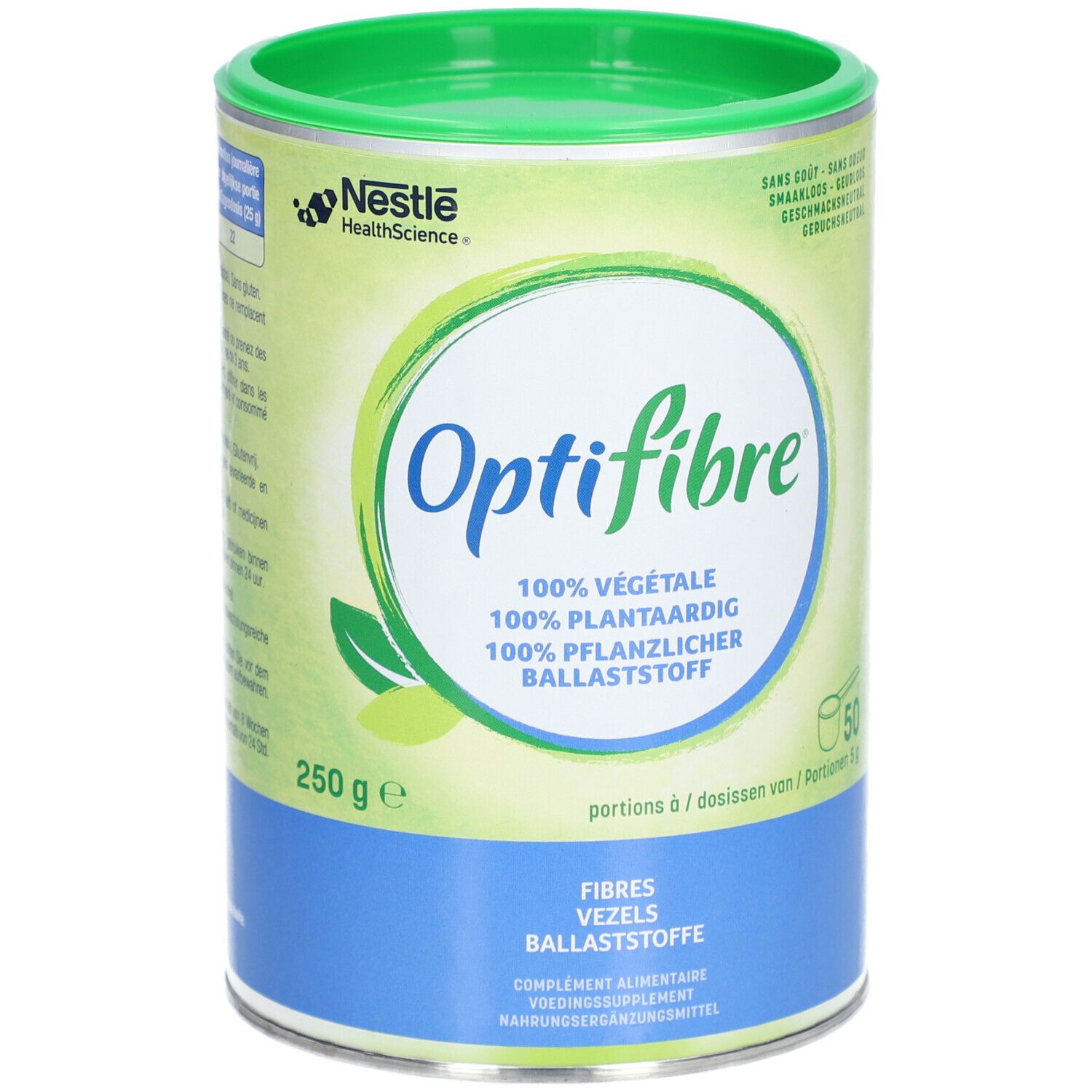 Boîte Optifibre, vert et blanc. Inscription: Optifibre, 100% végétal, 250g. Logo Nestlé HealthScience. 50 portions.