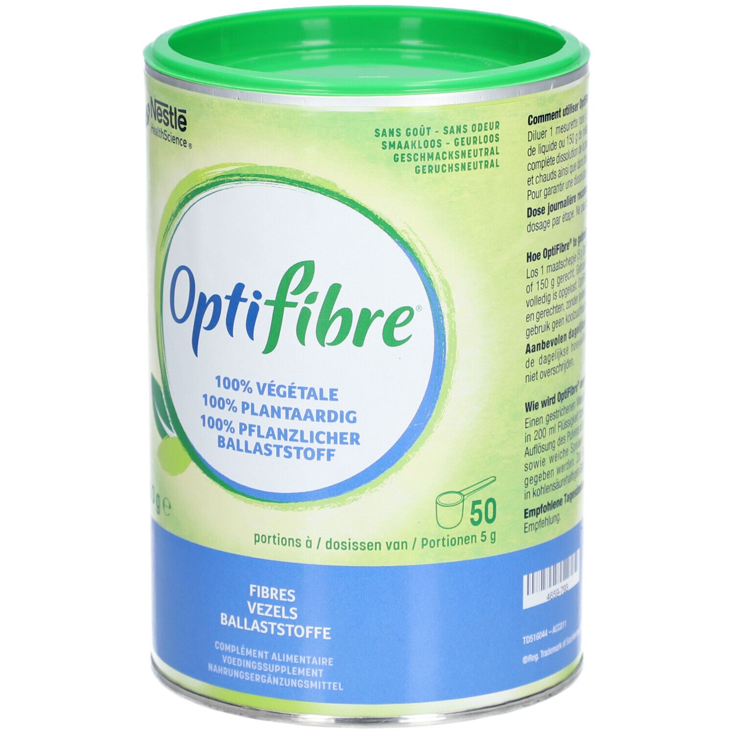 Boîte Optifibre, vert et blanc. Inscription: Optifibre, 100% végétal, 250g. Logo Nestlé HealthScience. 50 portions.
