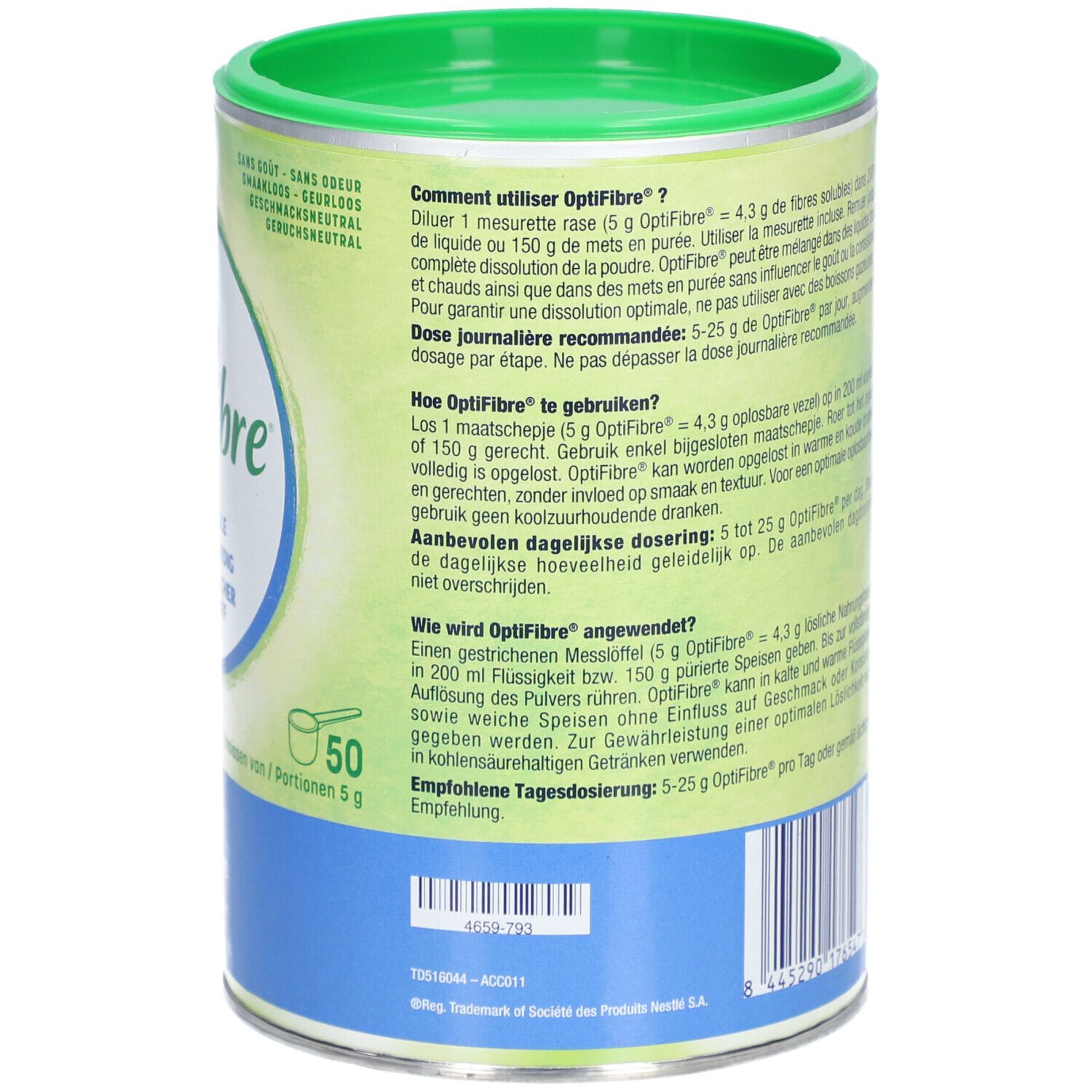 Dos de la boîte Optifibre. Texte multilingue. Informations sur les ingrédients, le dosage et les avertissements. 50 portions.