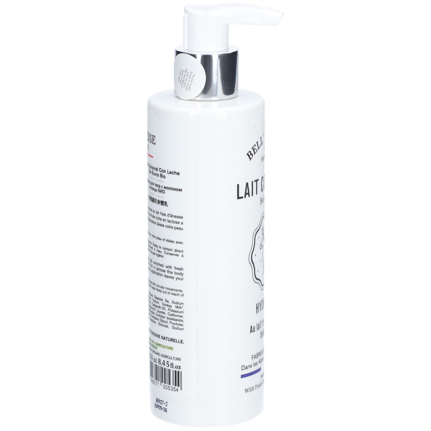Flacon blanc avec pompe. Texte et ingrédients au dos. Bouchon argenté. 8.45 fl oz.