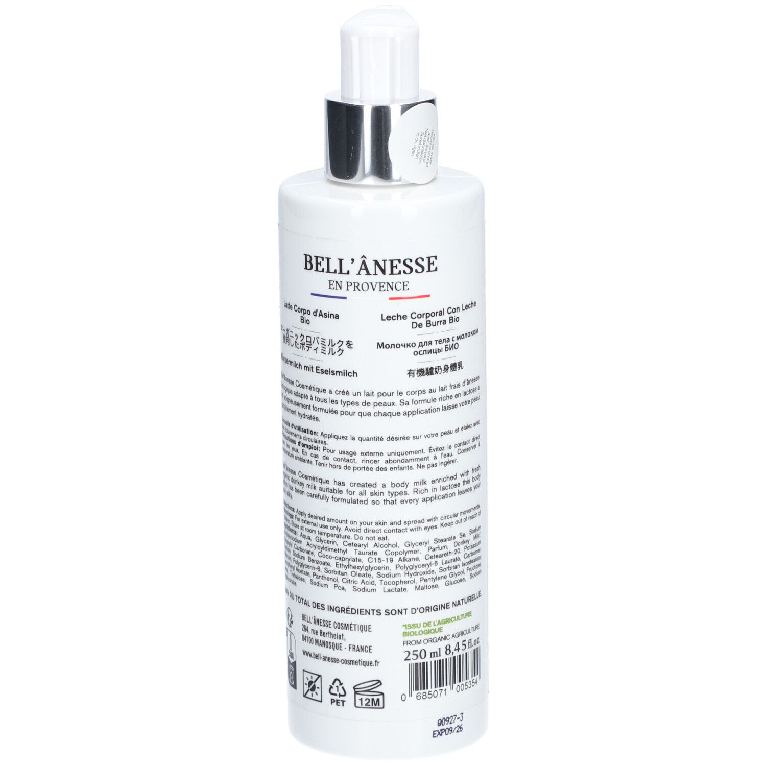 Flacon blanc avec texte et ingrédients. Bouchon argenté. 250 ml. Logo: 96% ingrédients naturels.
