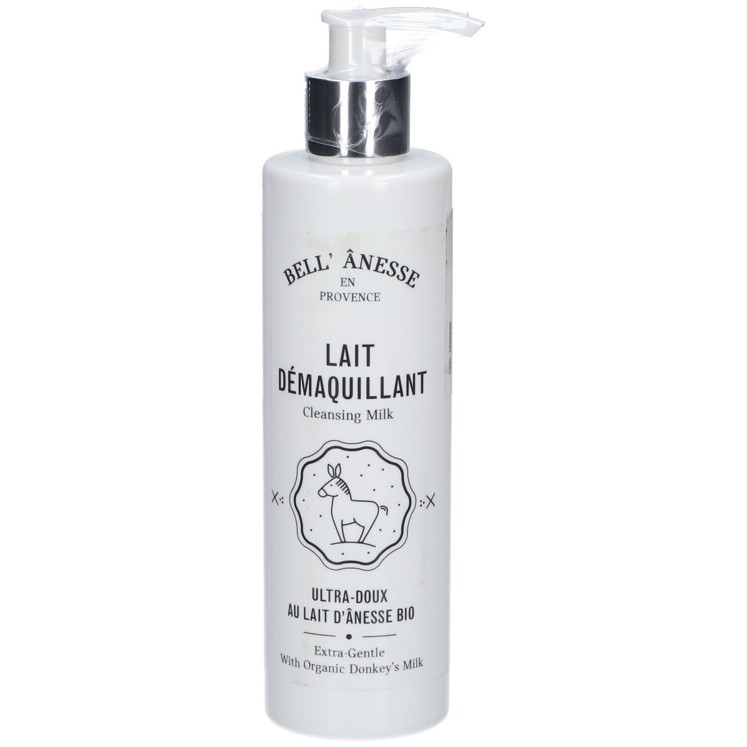 Flacon blanc avec pompe. Inscription: Lait Démaquillant, Ultra-doux au Lait d'Ânesse Bio. Logo: âne.