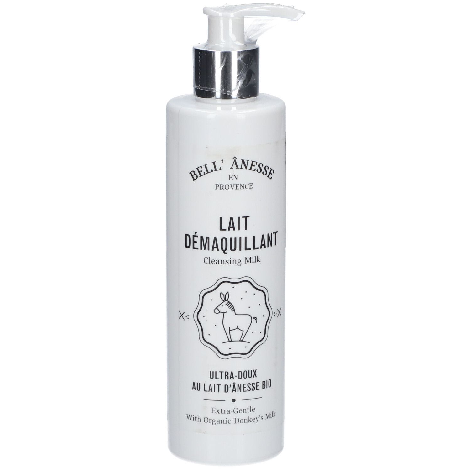Flacon blanc avec pompe. Inscription: Lait Démaquillant, Ultra-doux au Lait d'Ânesse Bio. Logo: âne.