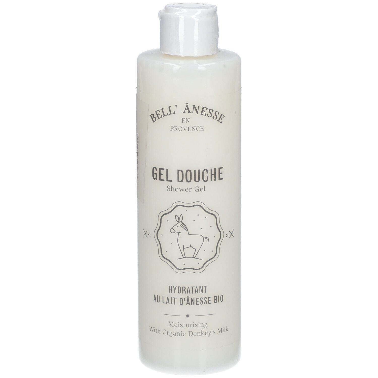 Witte fles met witte dop. Opschrift: Bell'Ânesse, Gel Douche, Hydratant au lait d'ânesse bio. Illustratie van een ezel.