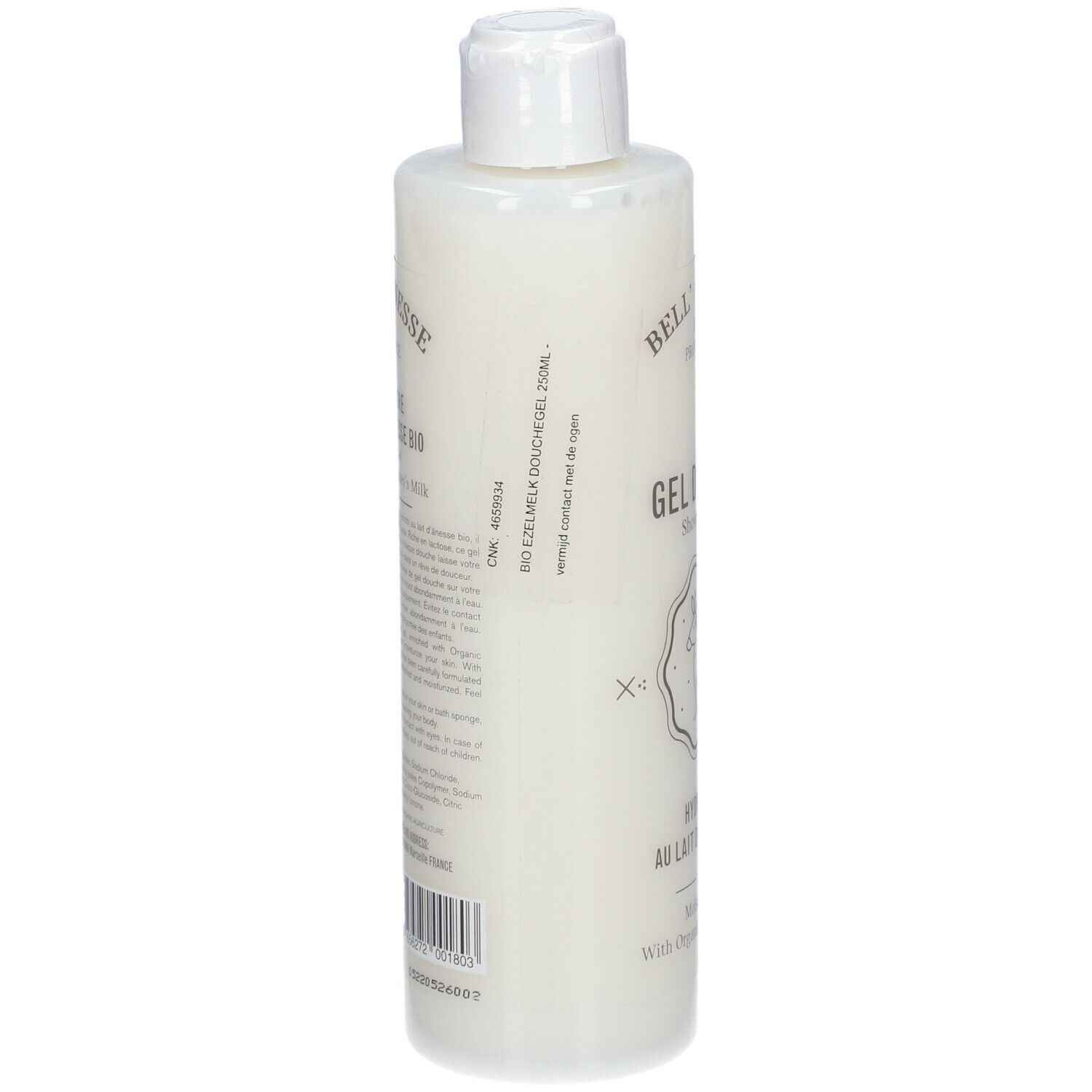 Fles met witte dop. Opschrift: Bell'Ânesse, Gel Douche. Achterkant met tekst en barcode. Productnaam: Bio Ezelmelk Douchegel.